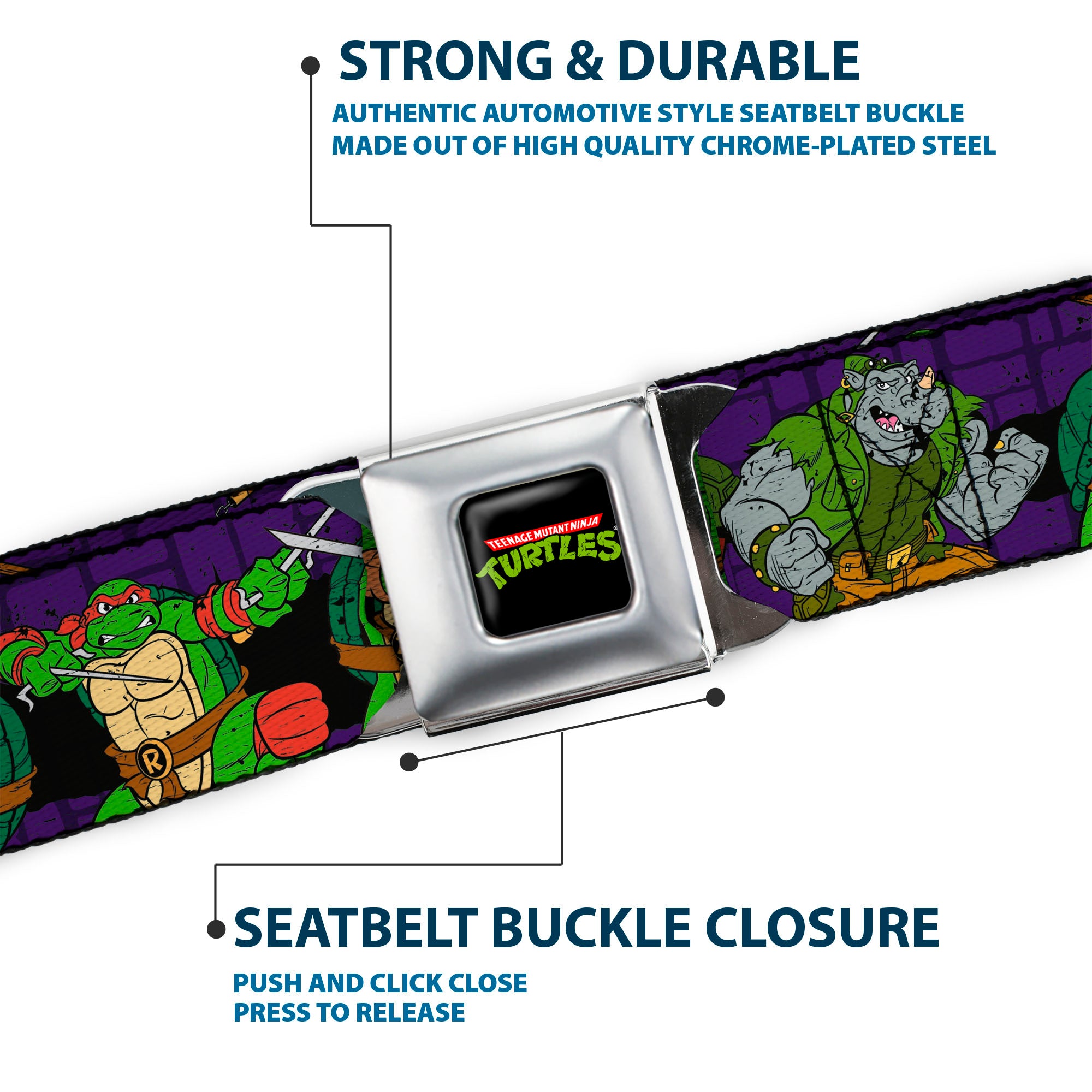 Classic TMNT Logo Full Color Seatbelt Belt - Classic Teenage Mutant Ninja Turtles Group & Villain Poses Purple Webbing Seatbelt Belts Teenage Mutant Ninja Turtles