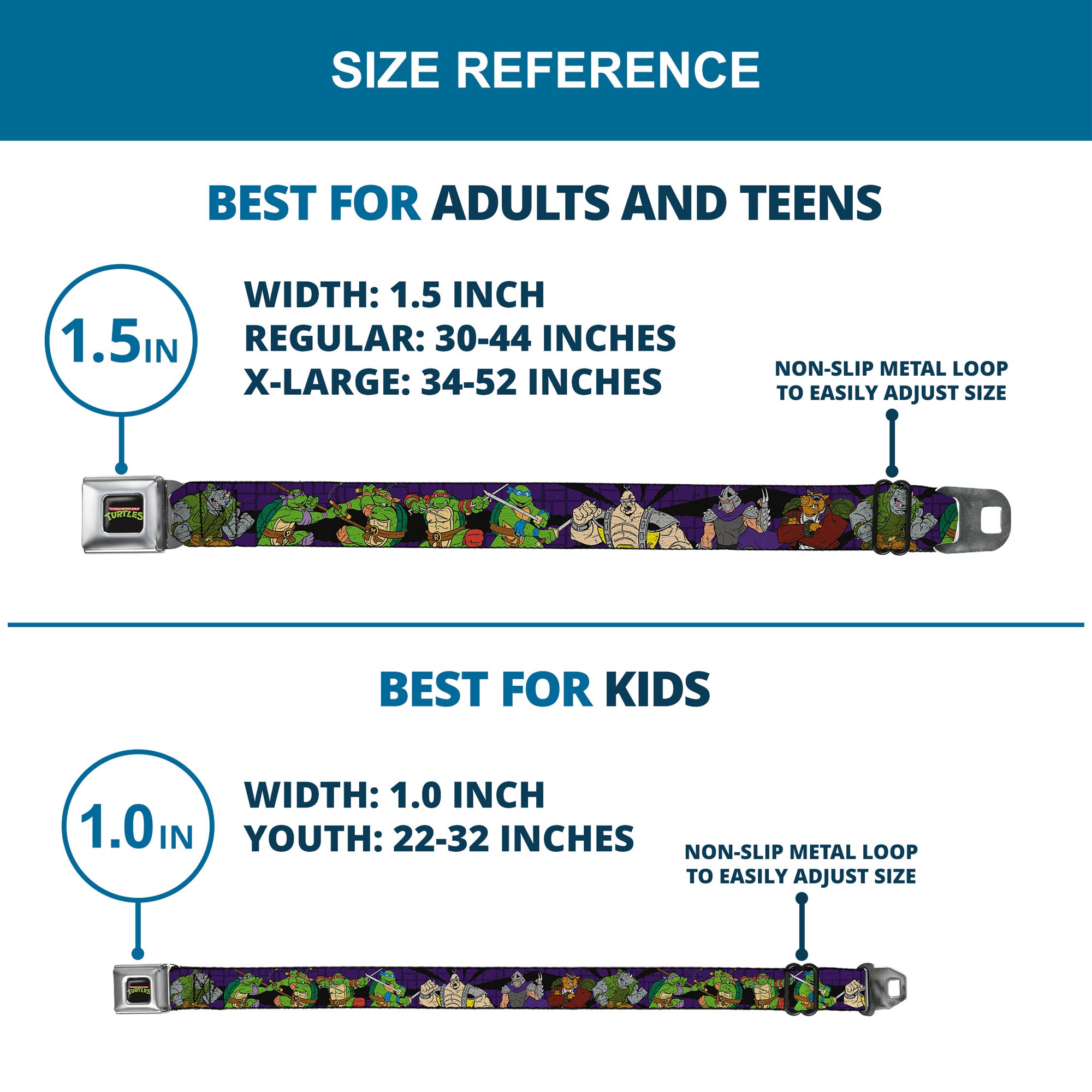 Classic TMNT Logo Full Color Seatbelt Belt - Classic Teenage Mutant Ninja Turtles Group & Villain Poses Purple Webbing Seatbelt Belts Teenage Mutant Ninja Turtles