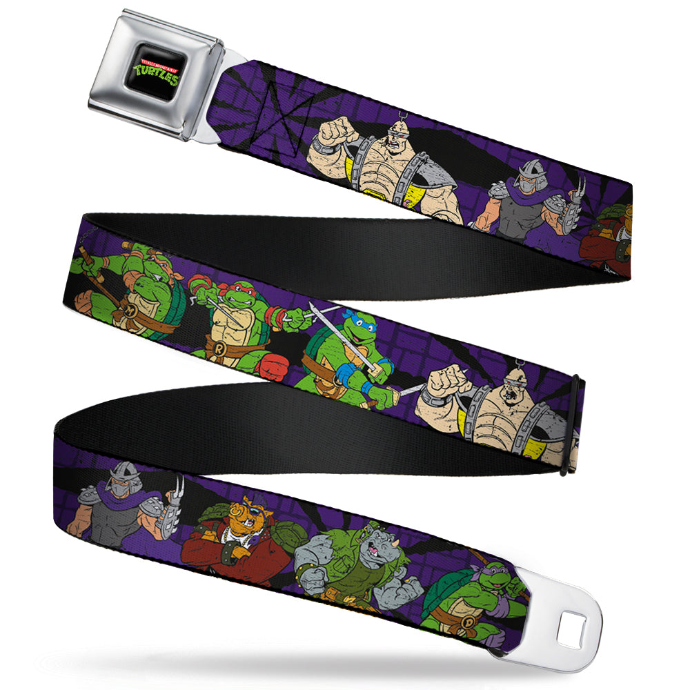 Classic TMNT Logo Full Color Seatbelt Belt - Classic Teenage Mutant Ninja Turtles Group & Villain Poses Purple Webbing Seatbelt Belts Nickelodeon