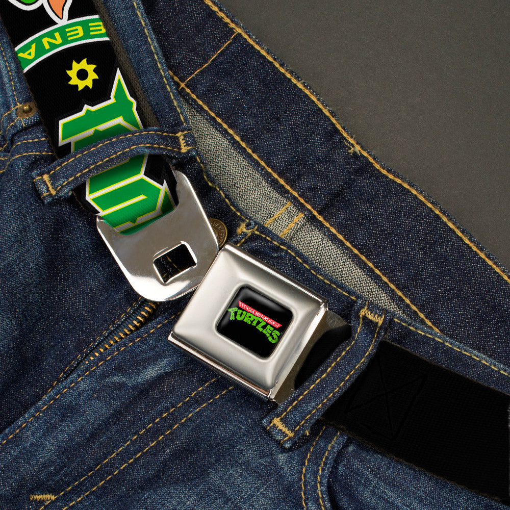 Classic TMNT Logo Full Color Seatbelt Belt - Classic Teenage Mutant Ninja Turtles Group Faces/TMNT/Ninja Star Black/Green Webbing Seatbelt Belts Teenage Mutant Ninja Turtles