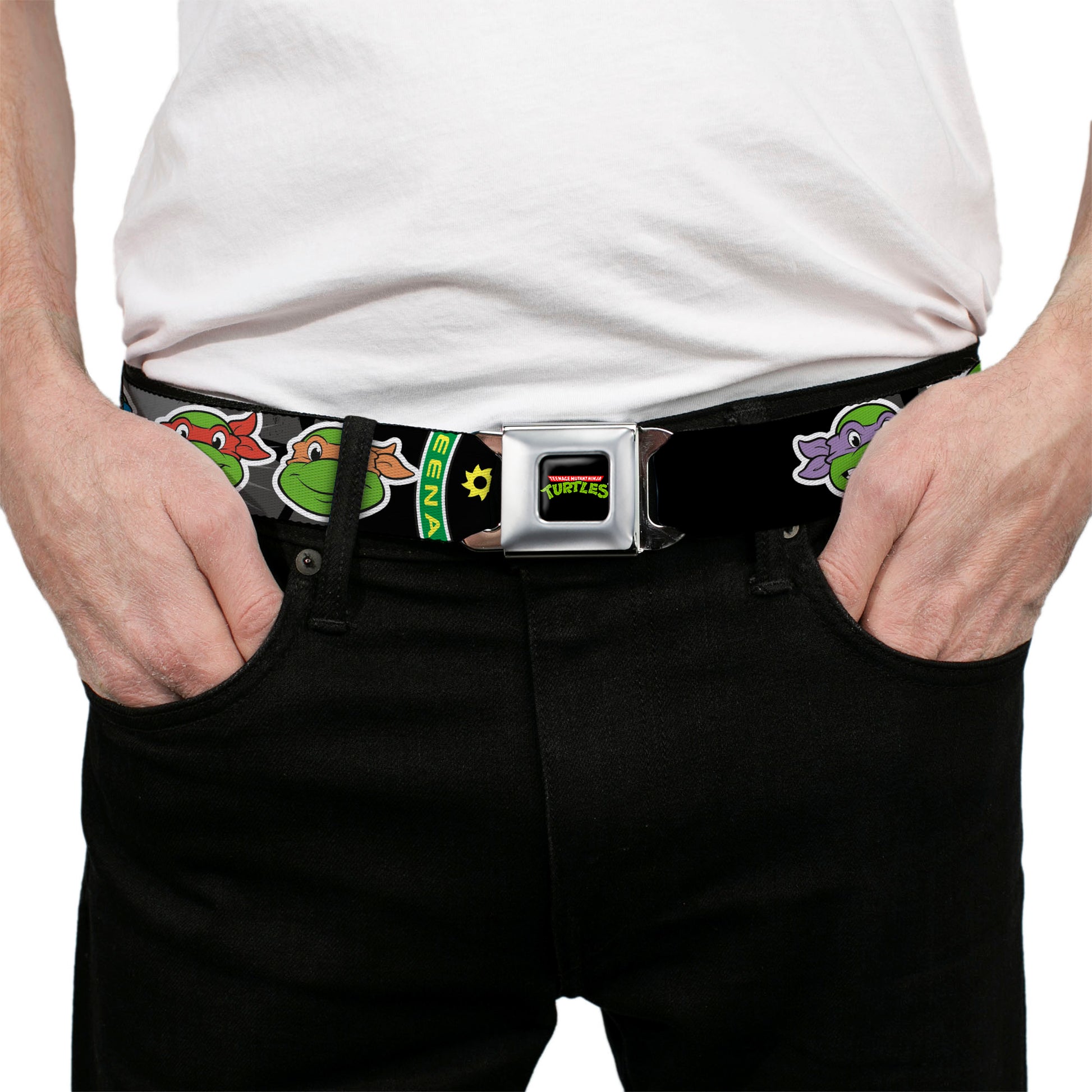 Classic TMNT Logo Full Color Seatbelt Belt - Classic Teenage Mutant Ninja Turtles Group Faces/TMNT/Ninja Star Black/Green Webbing Seatbelt Belts Teenage Mutant Ninja Turtles