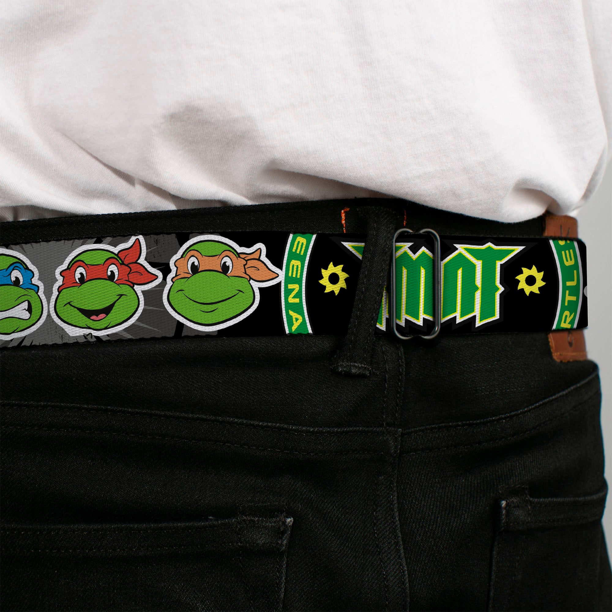 Classic TMNT Logo Full Color Seatbelt Belt - Classic Teenage Mutant Ninja Turtles Group Faces/TMNT/Ninja Star Black/Green Webbing Seatbelt Belts Teenage Mutant Ninja Turtles