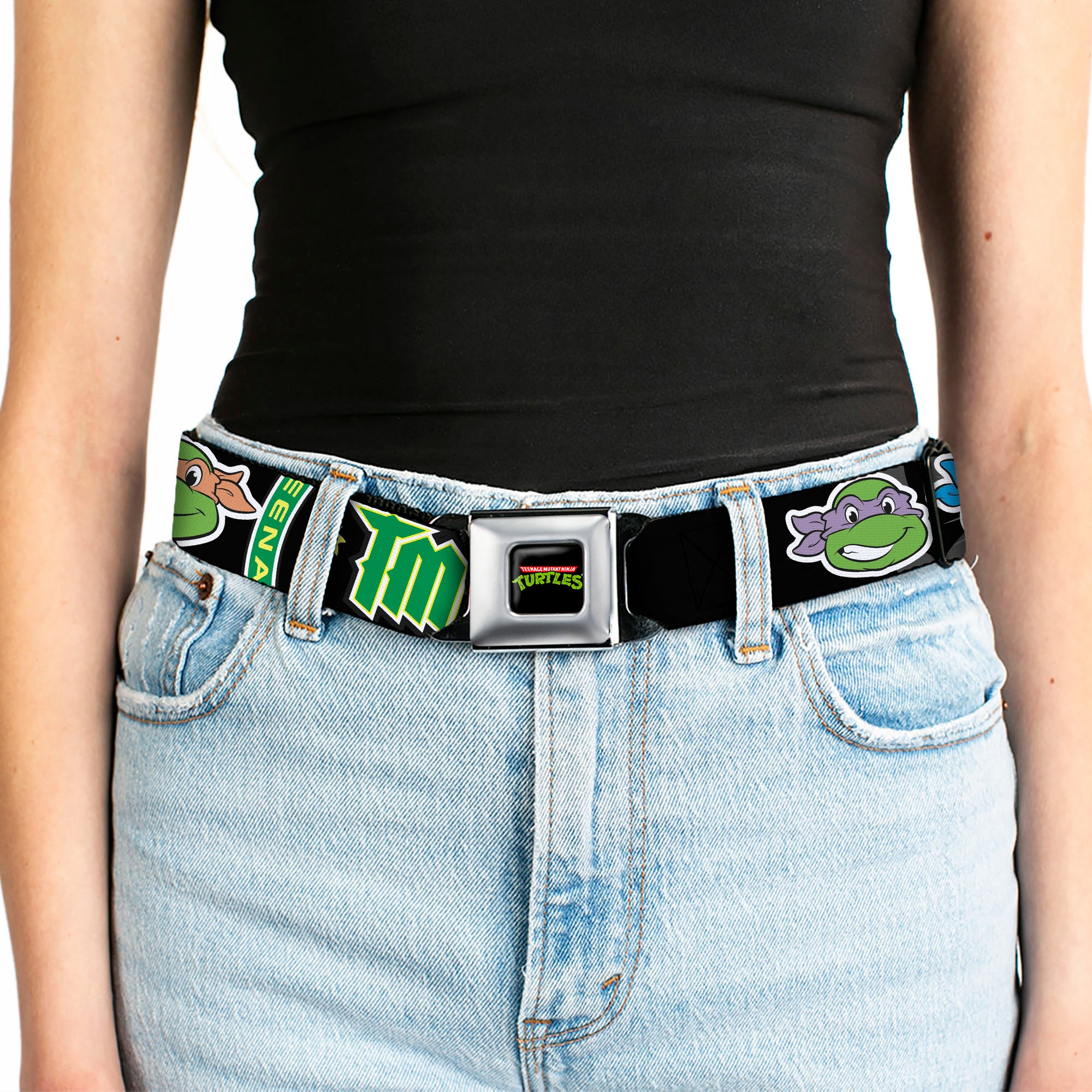 Classic TMNT Logo Full Color Seatbelt Belt - Classic Teenage Mutant Ninja Turtles Group Faces/TMNT/Ninja Star Black/Green Webbing Seatbelt Belts Teenage Mutant Ninja Turtles