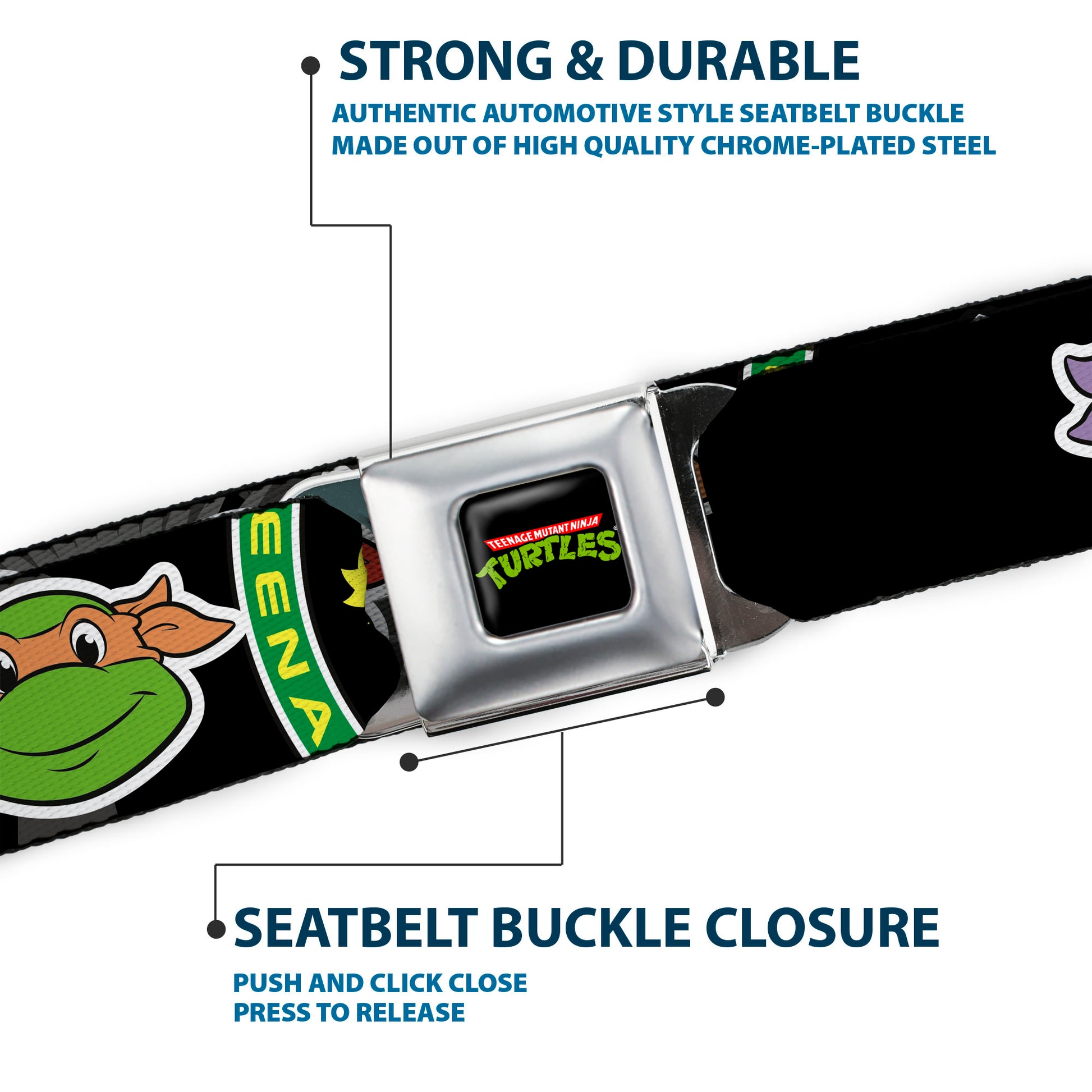 Classic TMNT Logo Full Color Seatbelt Belt - Classic Teenage Mutant Ninja Turtles Group Faces/TMNT/Ninja Star Black/Green Webbing Seatbelt Belts Teenage Mutant Ninja Turtles