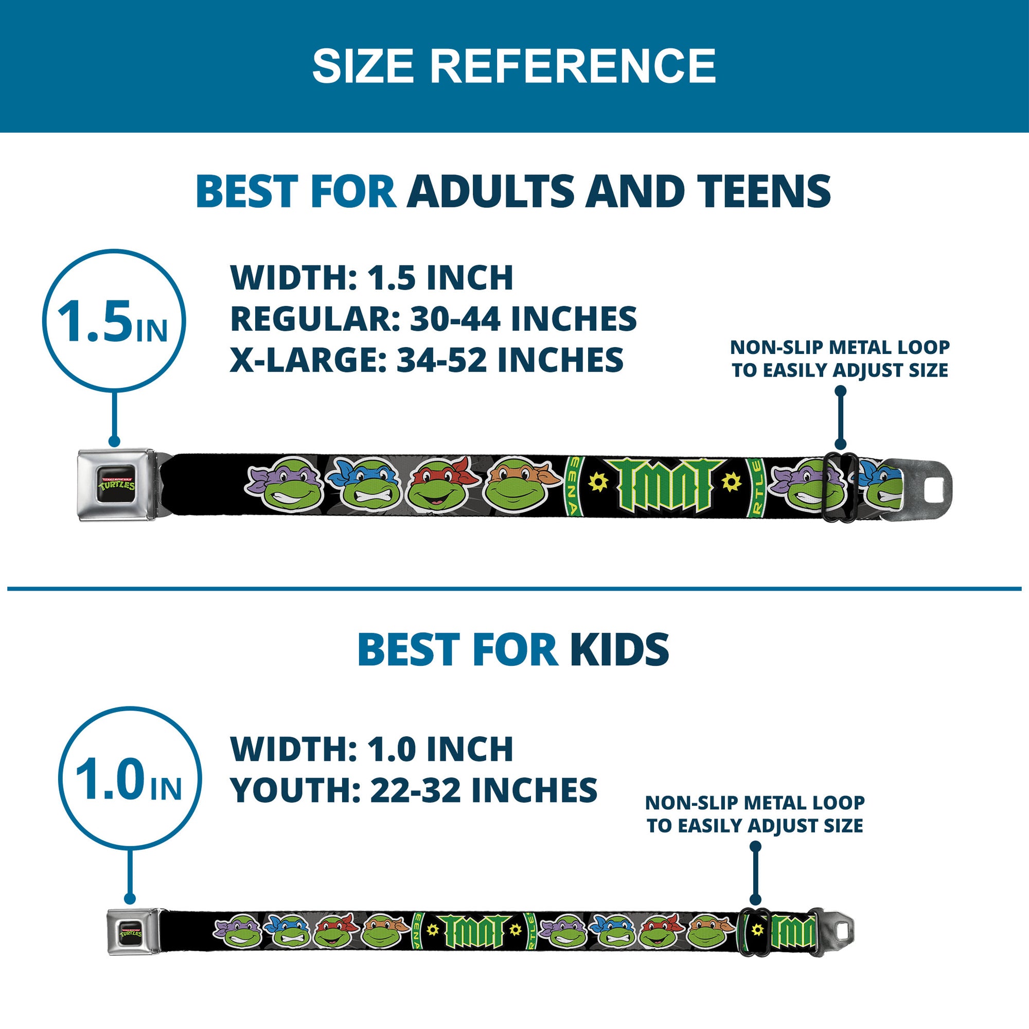 Classic TMNT Logo Full Color Seatbelt Belt - Classic Teenage Mutant Ninja Turtles Group Faces/TMNT/Ninja Star Black/Green Webbing Seatbelt Belts Teenage Mutant Ninja Turtles