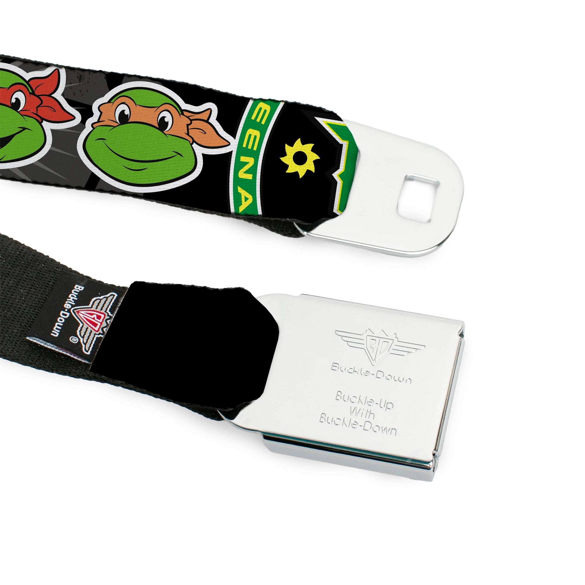 Classic TMNT Logo Full Color Seatbelt Belt - Classic Teenage Mutant Ninja Turtles Group Faces/TMNT/Ninja Star Black/Green Webbing Seatbelt Belts Teenage Mutant Ninja Turtles