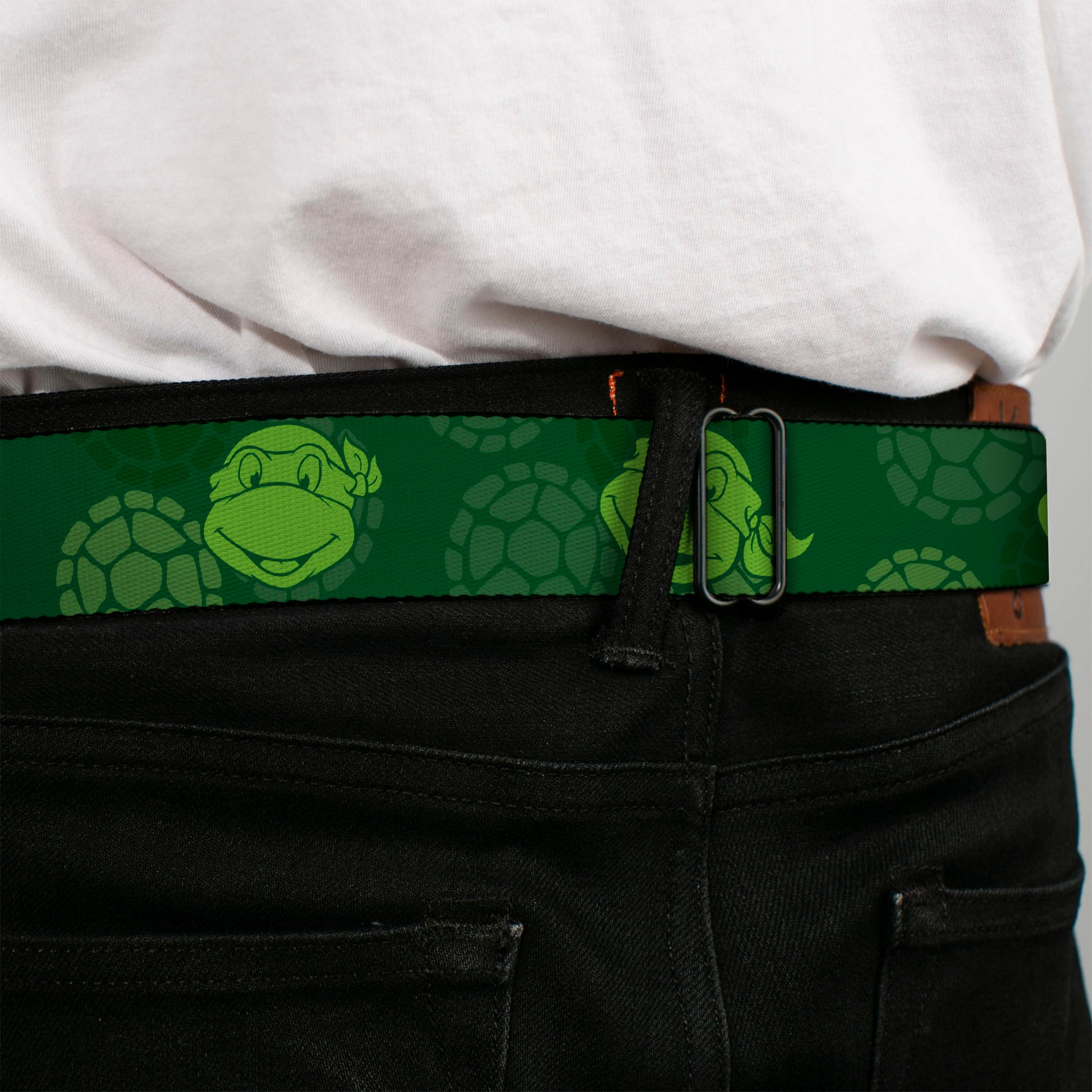 Classic TMNT Logo Full Color Seatbelt Belt - Classic Teenage Mutant Ninja Turtles Turtle Faces2 Greens Webbing Seatbelt Belts Teenage Mutant Ninja Turtles