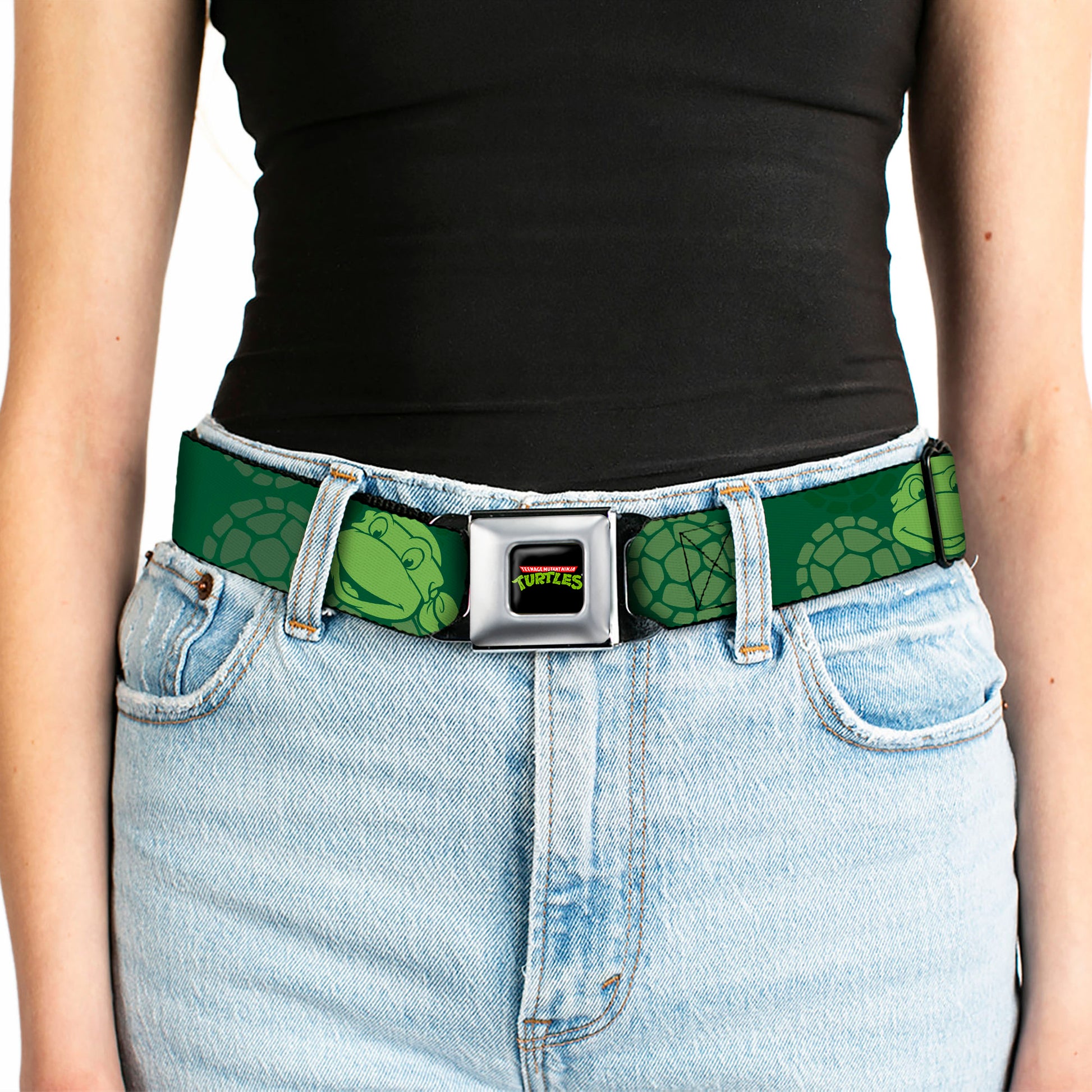 Classic TMNT Logo Full Color Seatbelt Belt - Classic Teenage Mutant Ninja Turtles Turtle Faces2 Greens Webbing Seatbelt Belts Teenage Mutant Ninja Turtles