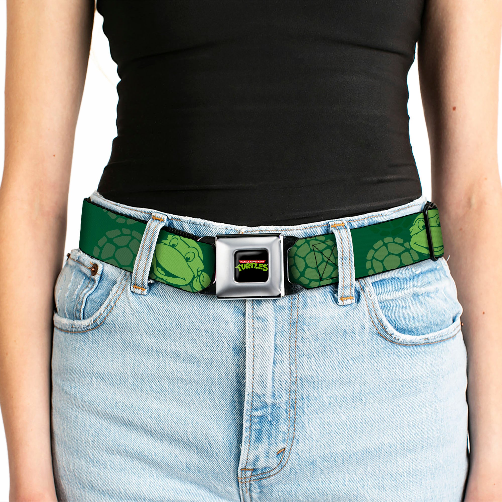 Classic TMNT Logo Full Color Seatbelt Belt - Classic Teenage Mutant Ninja Turtles Turtle Faces2 Greens Webbing Seatbelt Belts Teenage Mutant Ninja Turtles
