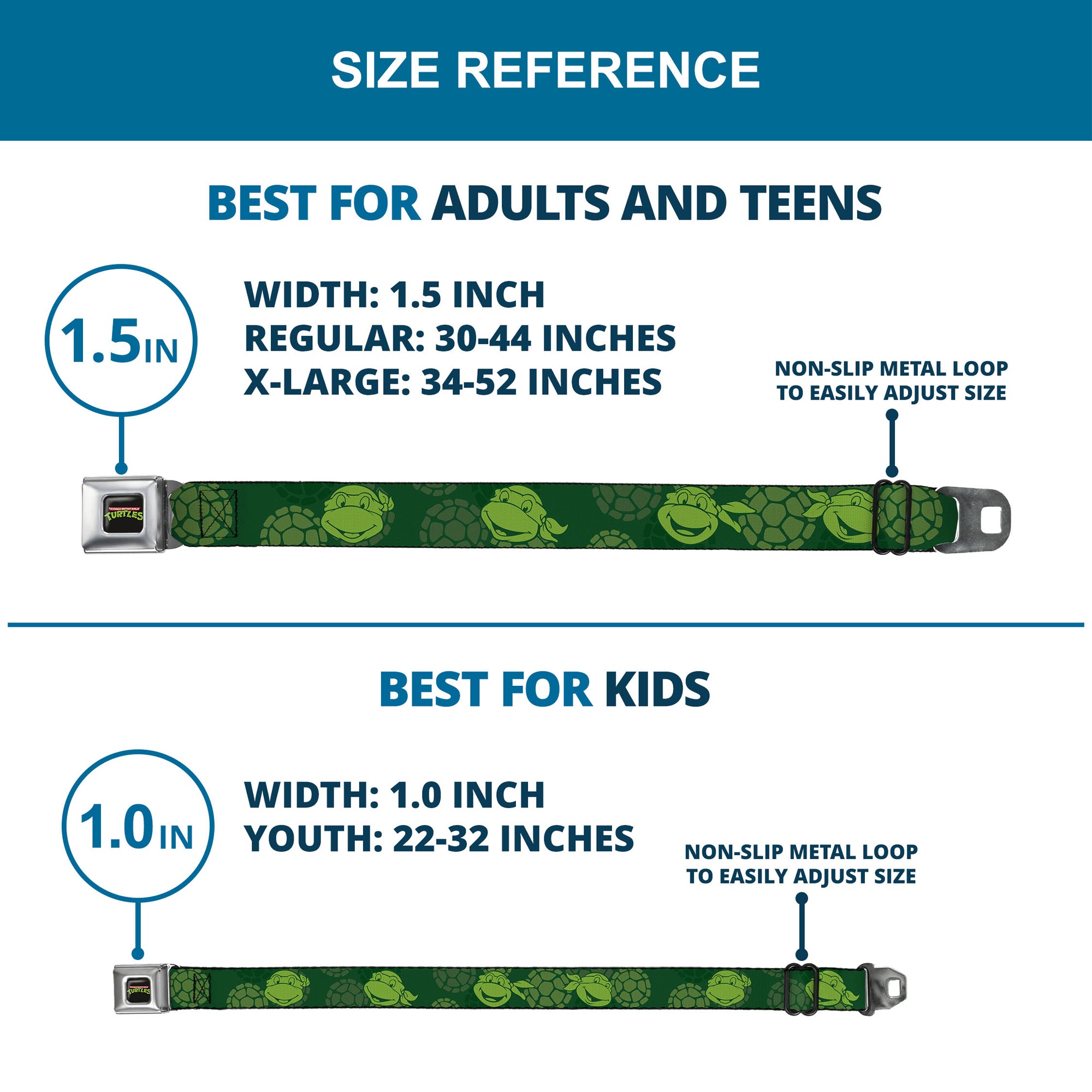 Classic TMNT Logo Full Color Seatbelt Belt - Classic Teenage Mutant Ninja Turtles Turtle Faces2 Greens Webbing Seatbelt Belts Teenage Mutant Ninja Turtles