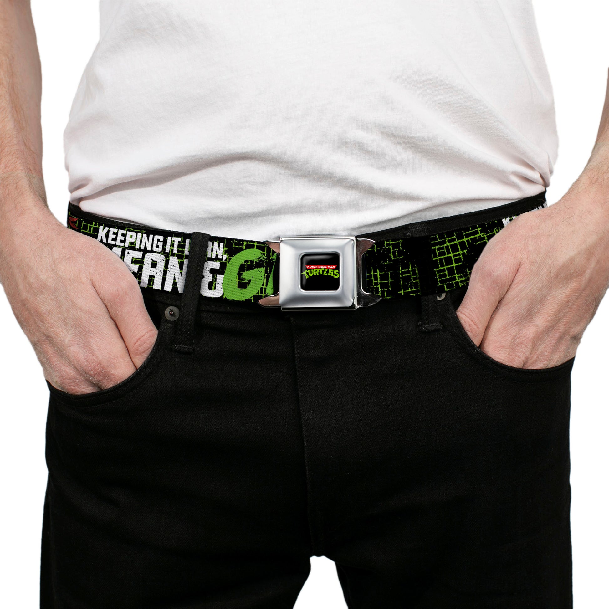 Classic TMNT Logo Full Color Seatbelt Belt - Classic TMNT Group Pose6/KEEPING IT LEAN, MEAN & GREEN Black/Green/White Webbing Seatbelt Belts Teenage Mutant Ninja Turtles