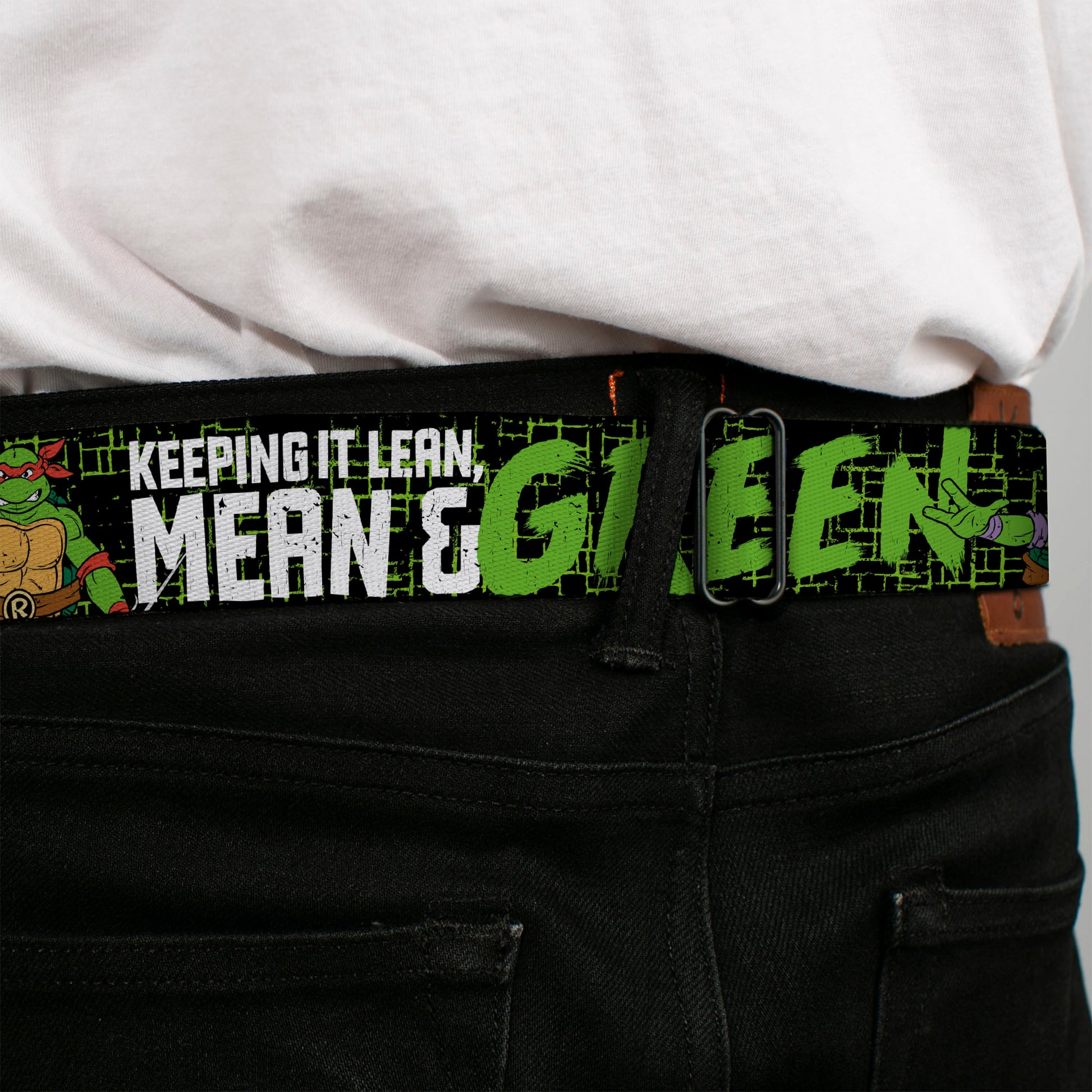 Classic TMNT Logo Full Color Seatbelt Belt - Classic TMNT Group Pose6/KEEPING IT LEAN, MEAN & GREEN Black/Green/White Webbing Seatbelt Belts Teenage Mutant Ninja Turtles