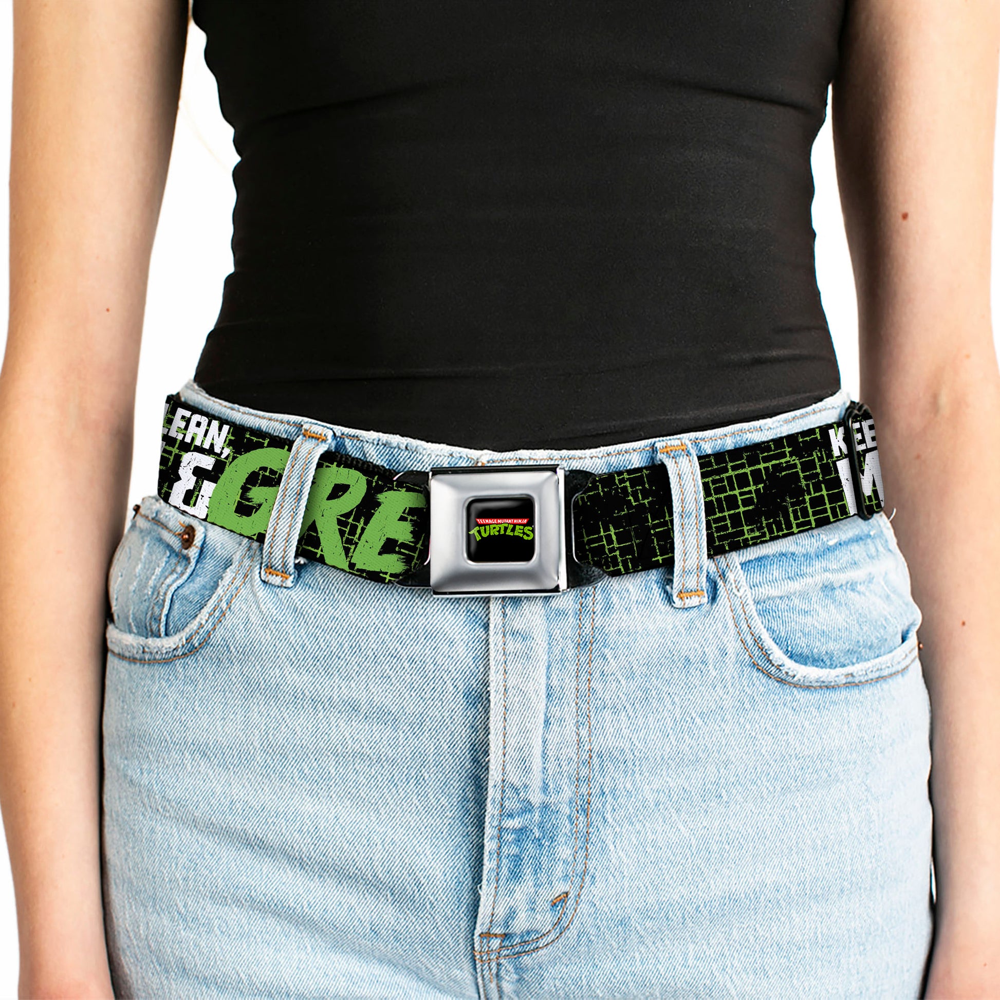 Classic TMNT Logo Full Color Seatbelt Belt - Classic TMNT Group Pose6/KEEPING IT LEAN, MEAN & GREEN Black/Green/White Webbing Seatbelt Belts Teenage Mutant Ninja Turtles