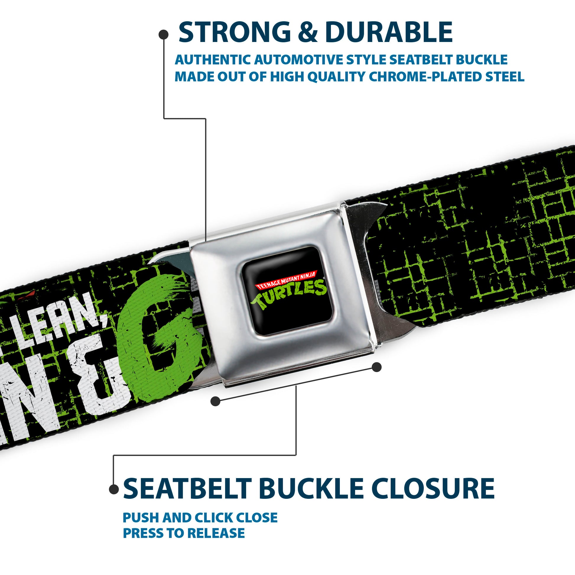 Classic TMNT Logo Full Color Seatbelt Belt - Classic TMNT Group Pose6/KEEPING IT LEAN, MEAN & GREEN Black/Green/White Webbing Seatbelt Belts Teenage Mutant Ninja Turtles