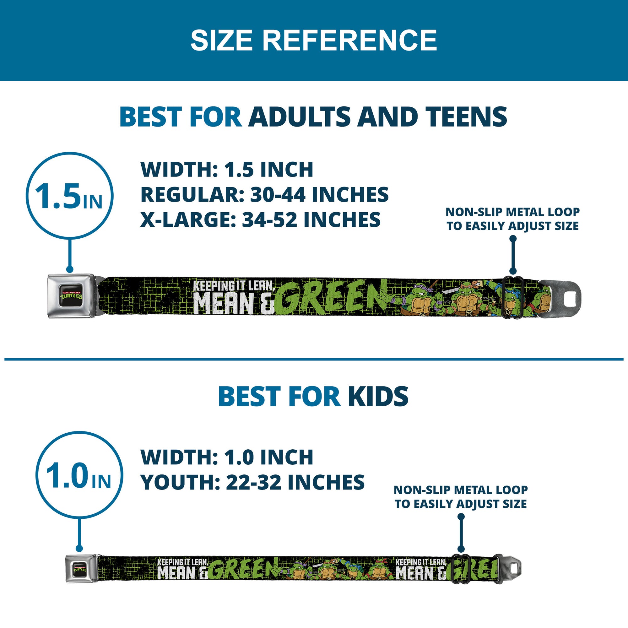 Classic TMNT Logo Full Color Seatbelt Belt - Classic TMNT Group Pose6/KEEPING IT LEAN, MEAN & GREEN Black/Green/White Webbing Seatbelt Belts Teenage Mutant Ninja Turtles
