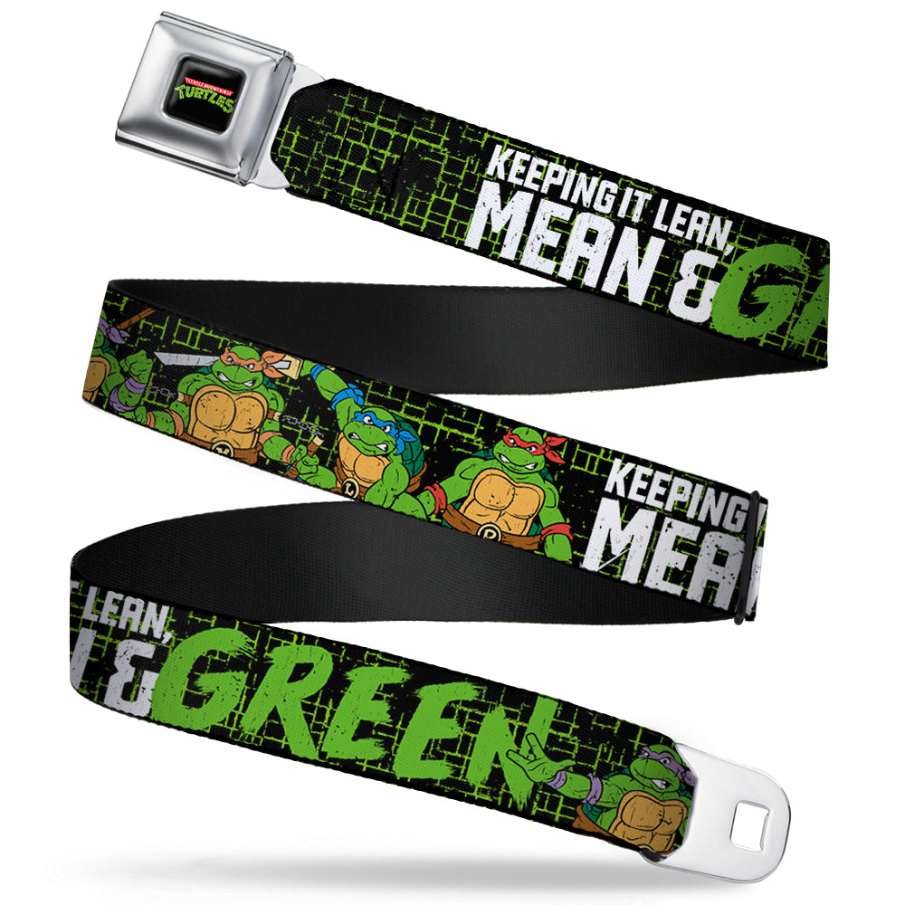 Classic TMNT Logo Full Color Seatbelt Belt - Classic TMNT Group Pose6/KEEPING IT LEAN, MEAN & GREEN Black/Green/White Webbing Seatbelt Belts Teenage Mutant Ninja Turtles