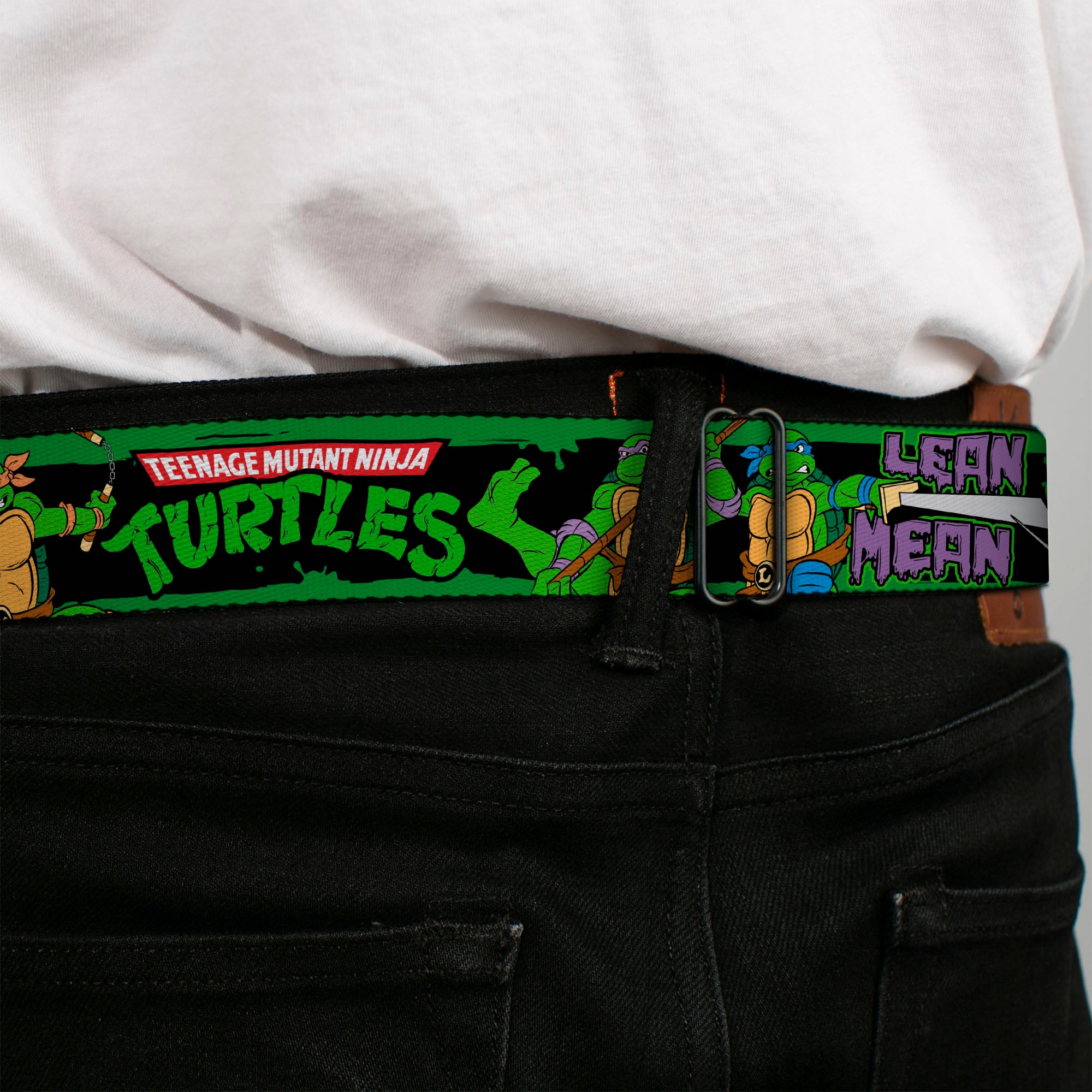 Classic TMNT Logo Full Color Seatbelt Belt - Classic TEENAGE MUTANT NINJA TURTLES Logo/Group Pose5/LEAN MEAN & GREEN Webbing Seatbelt Belts Teenage Mutant Ninja Turtles