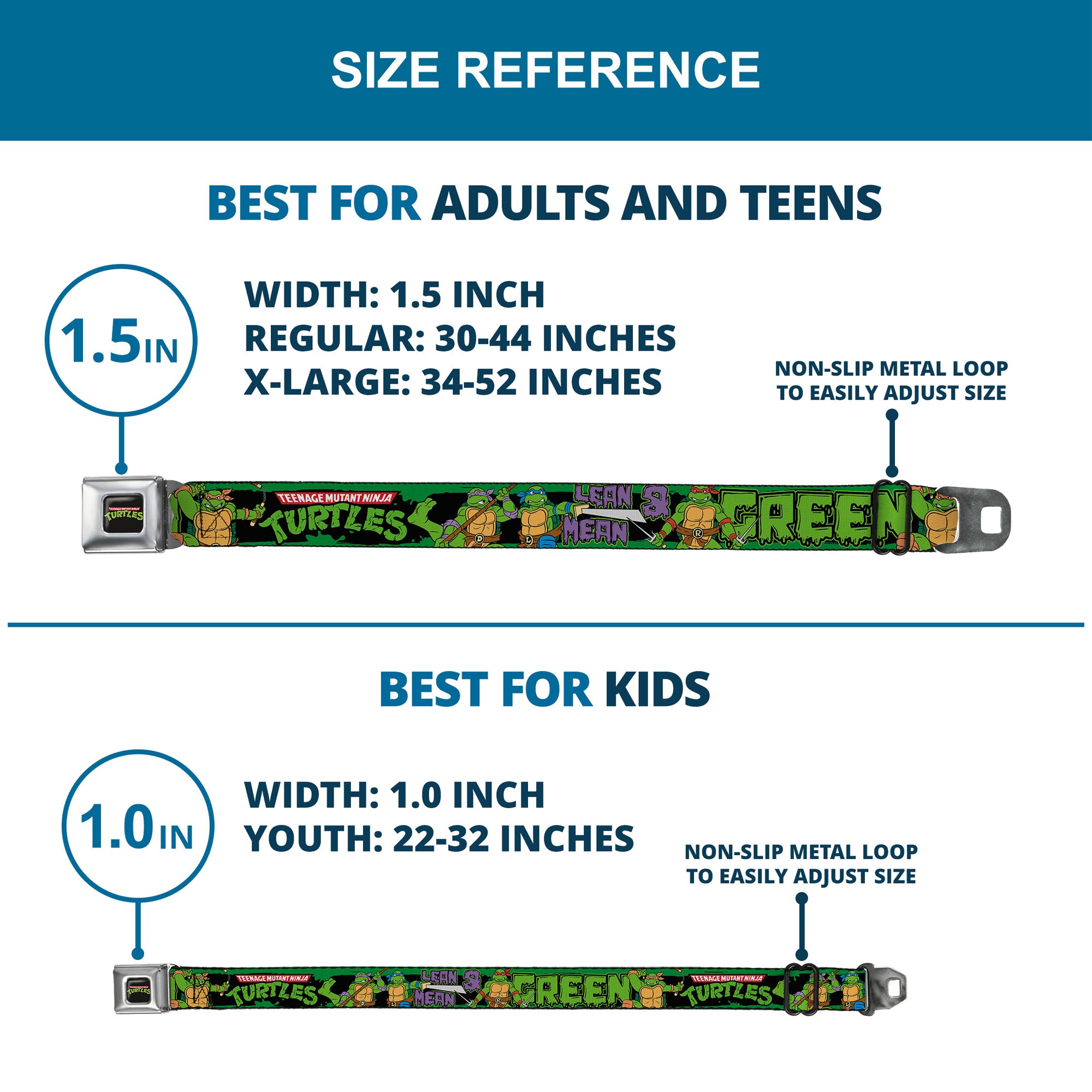 Classic TMNT Logo Full Color Seatbelt Belt - Classic TEENAGE MUTANT NINJA TURTLES Logo/Group Pose5/LEAN MEAN & GREEN Webbing Seatbelt Belts Teenage Mutant Ninja Turtles