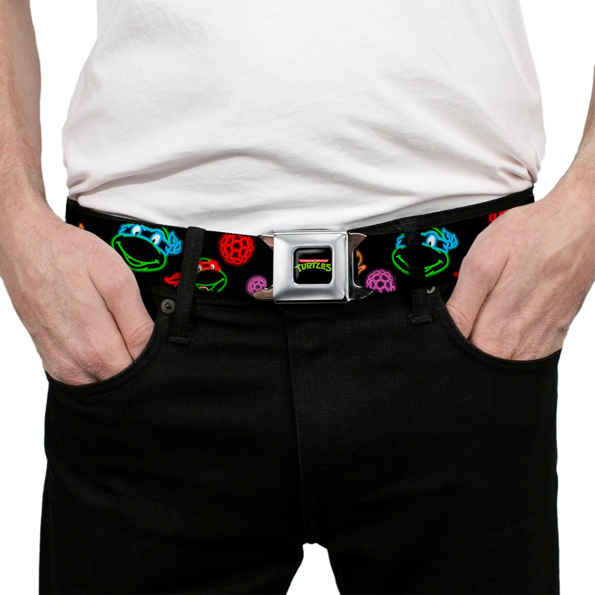Classic TMNT Logo Full Color Seatbelt Belt - Classic Teenage Mutant Ninja Turtles Electric Expressions/Turtle Shells Black/Multi Neon Webbing Seatbelt Belts Teenage Mutant Ninja Turtles