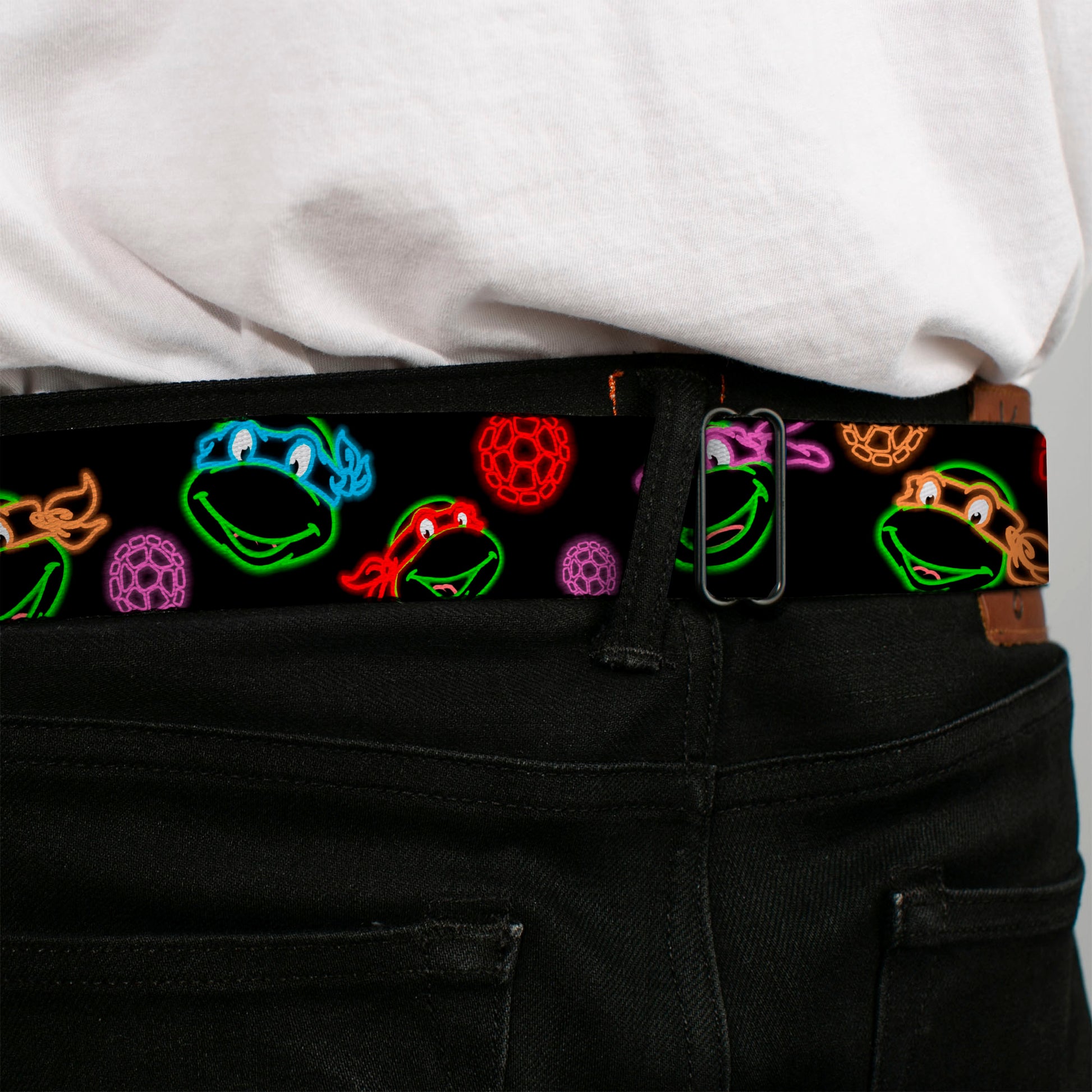 Classic TMNT Logo Full Color Seatbelt Belt - Classic Teenage Mutant Ninja Turtles Electric Expressions/Turtle Shells Black/Multi Neon Webbing Seatbelt Belts Teenage Mutant Ninja Turtles