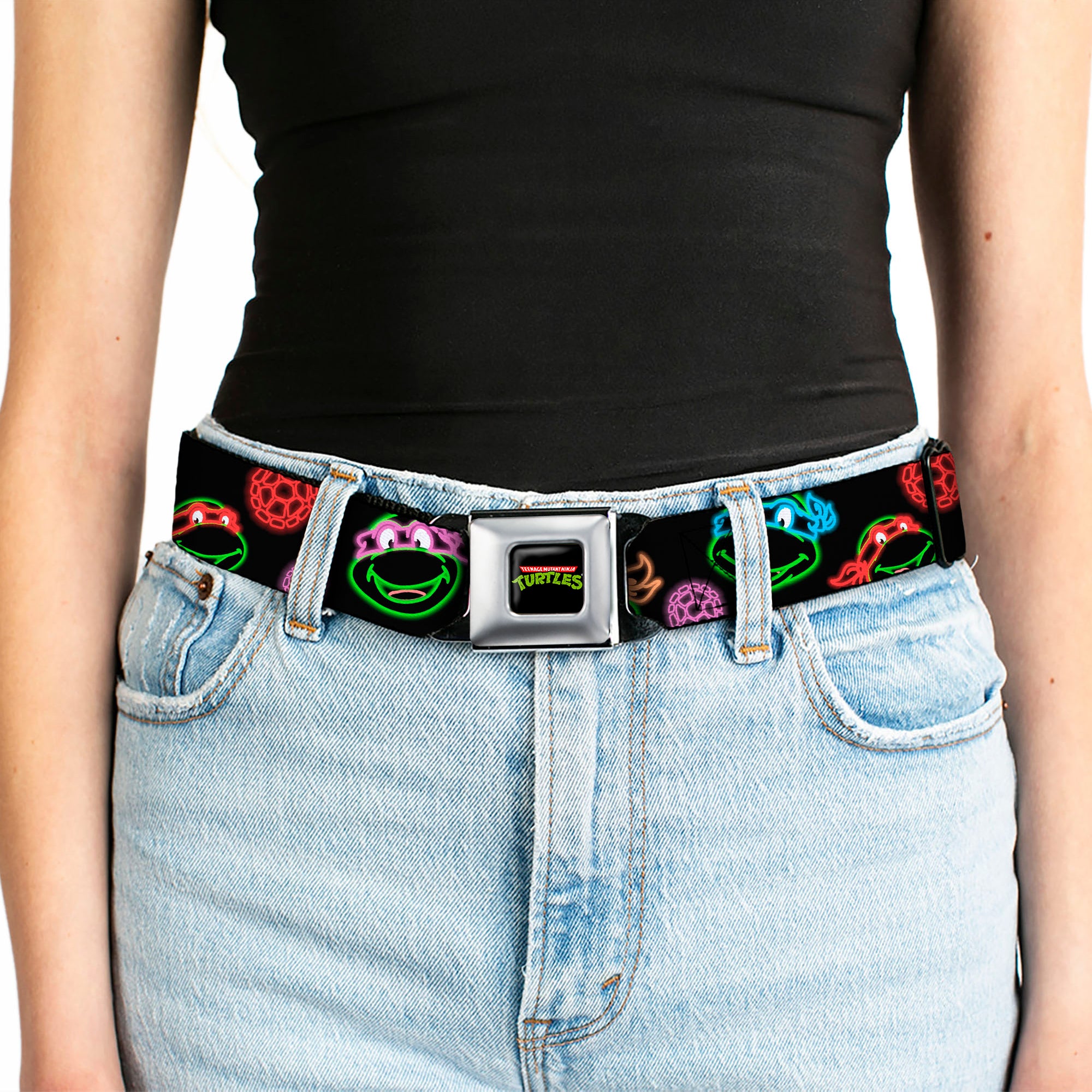 Classic TMNT Logo Full Color Seatbelt Belt - Classic Teenage Mutant Ninja Turtles Electric Expressions/Turtle Shells Black/Multi Neon Webbing Seatbelt Belts Teenage Mutant Ninja Turtles
