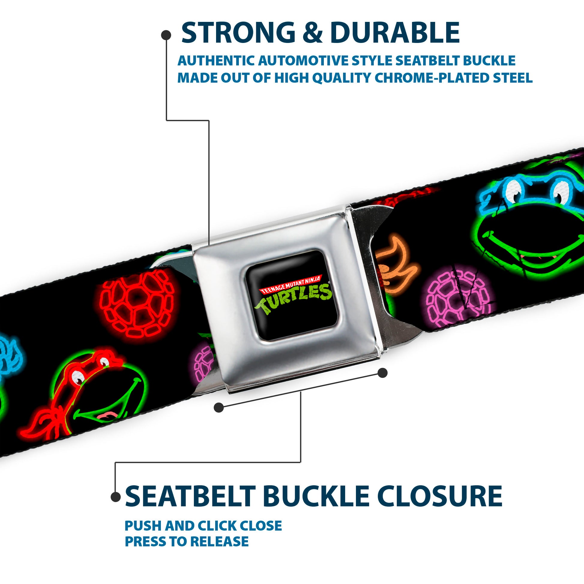 Classic TMNT Logo Full Color Seatbelt Belt - Classic Teenage Mutant Ninja Turtles Electric Expressions/Turtle Shells Black/Multi Neon Webbing Seatbelt Belts Teenage Mutant Ninja Turtles