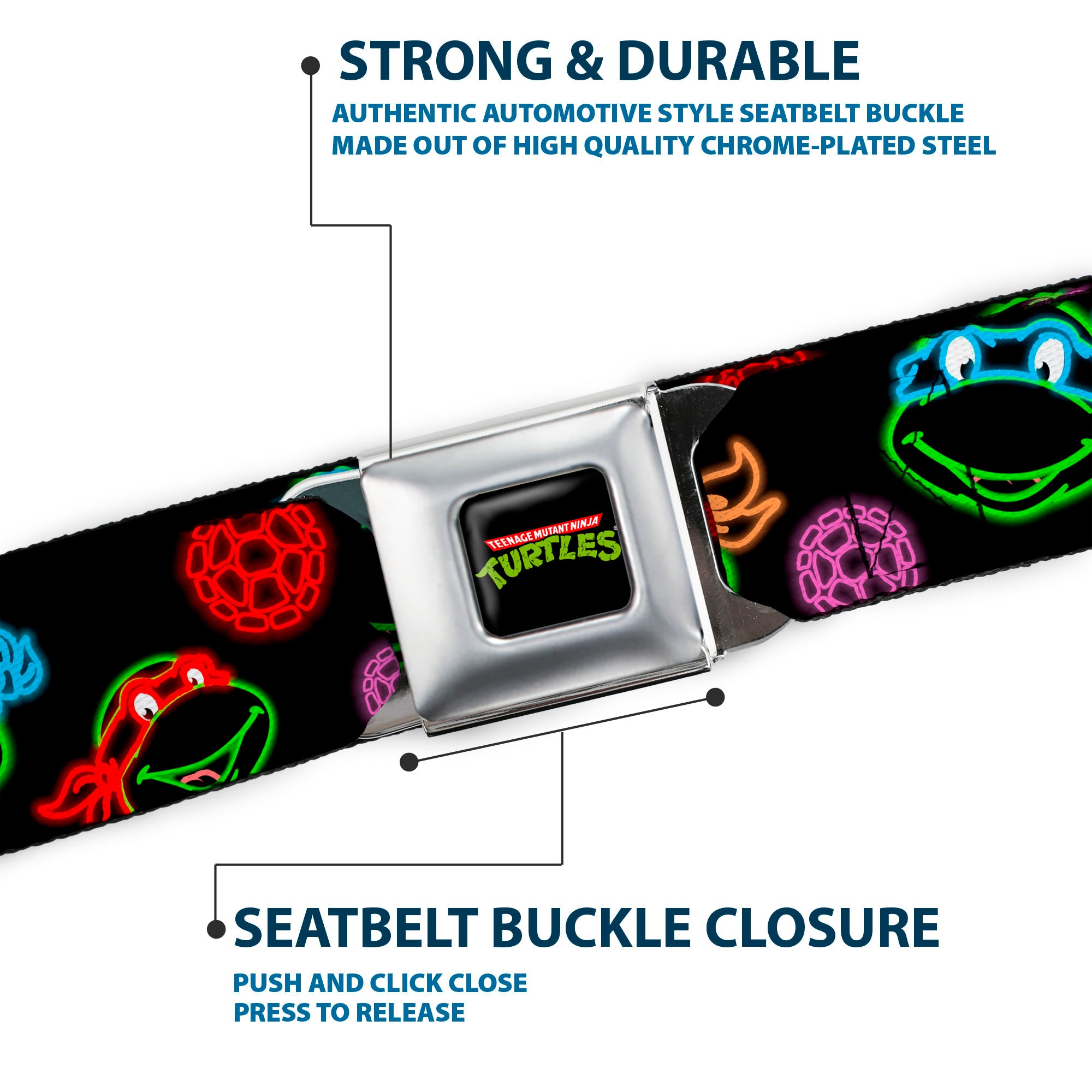 Classic TMNT Logo Full Color Seatbelt Belt - Classic Teenage Mutant Ninja Turtles Electric Expressions/Turtle Shells Black/Multi Neon Webbing Seatbelt Belts Teenage Mutant Ninja Turtles
