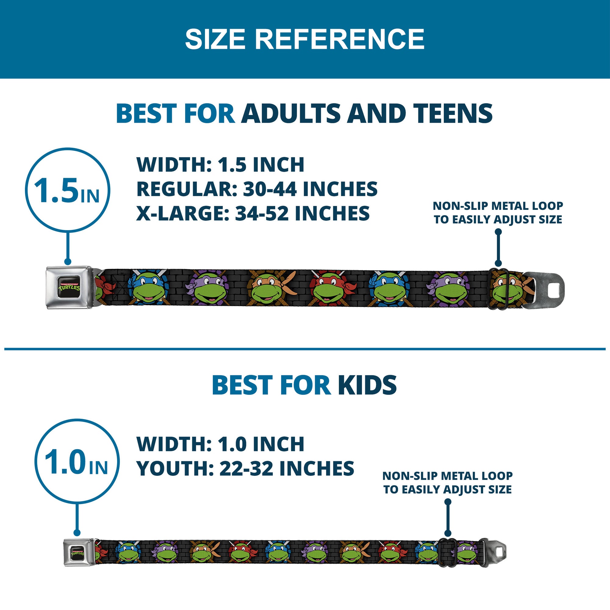 Classic TMNT Logo Full Color Seatbelt Belt - Classic Teenage Mutant Ninja Turtles Expessions/Battle Gear Gray/Multi Color Webbing Seatbelt Belts Teenage Mutant Ninja Turtles