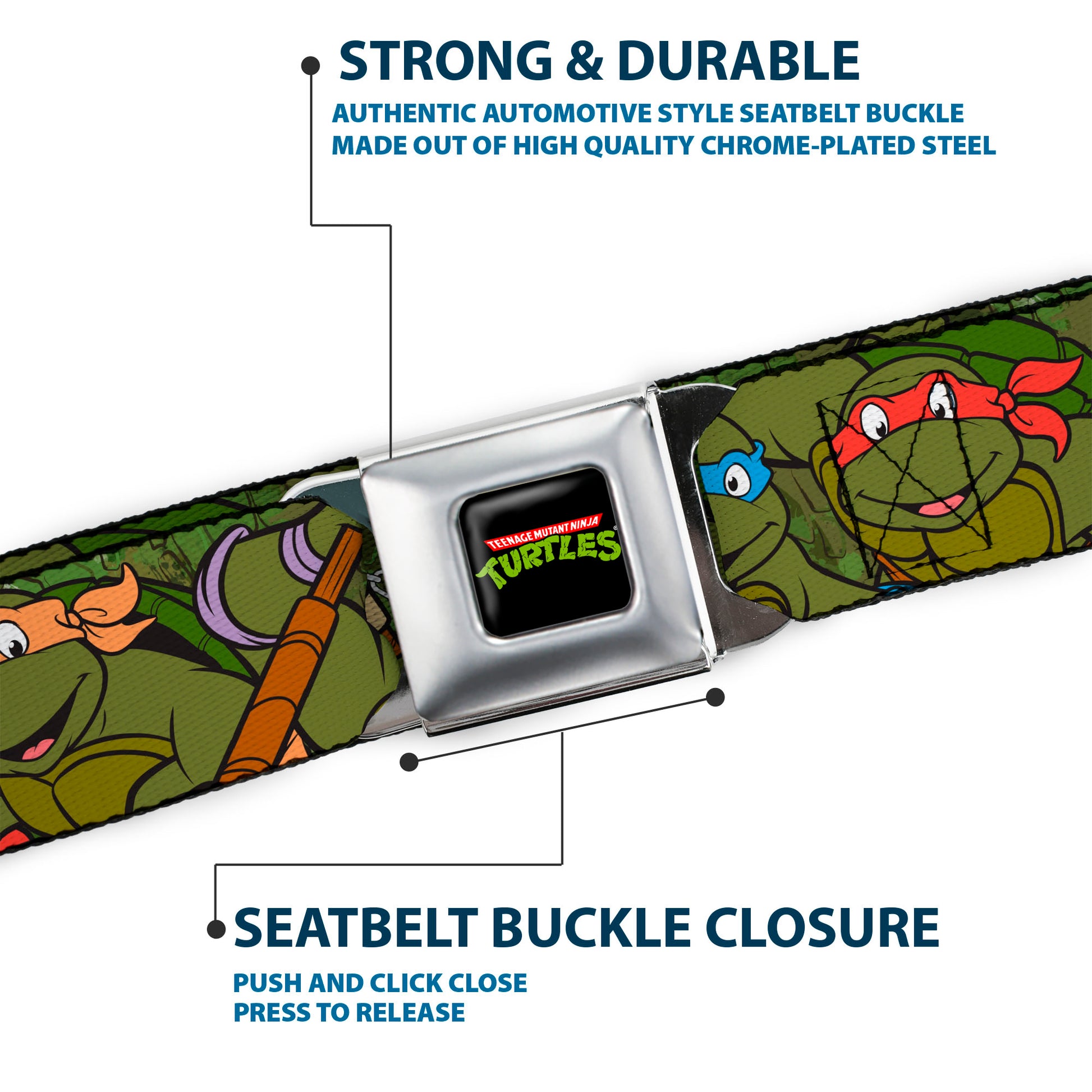 Classic TMNT Logo Full Color Seatbelt Belt - Classic Teenage Mutant Ninja Turtles Group Pose CLOSE-UP Camo Turtle Shell Webbing Seatbelt Belts Teenage Mutant Ninja Turtles