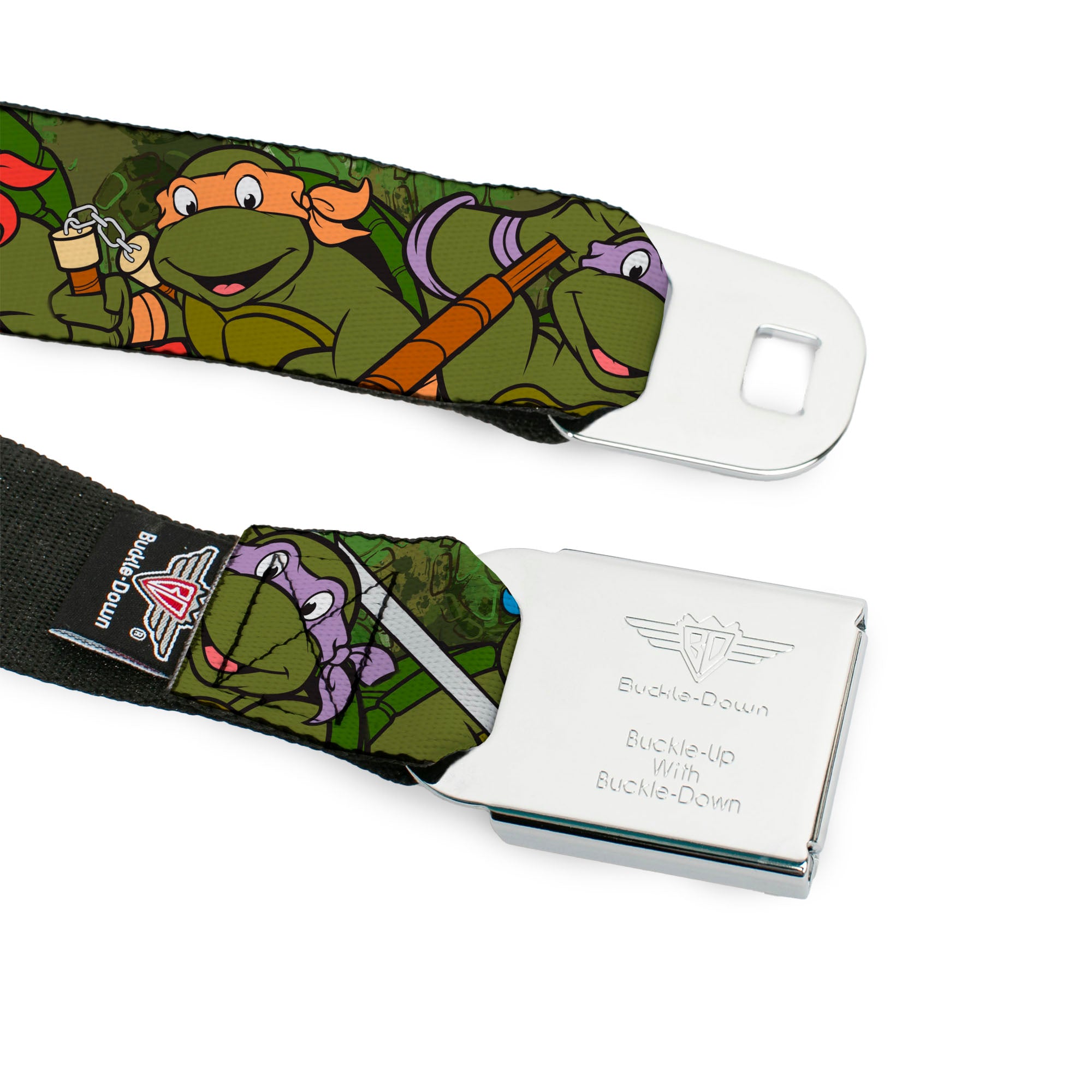 Classic TMNT Logo Full Color Seatbelt Belt - Classic Teenage Mutant Ninja Turtles Group Pose CLOSE-UP Camo Turtle Shell Webbing Seatbelt Belts Teenage Mutant Ninja Turtles