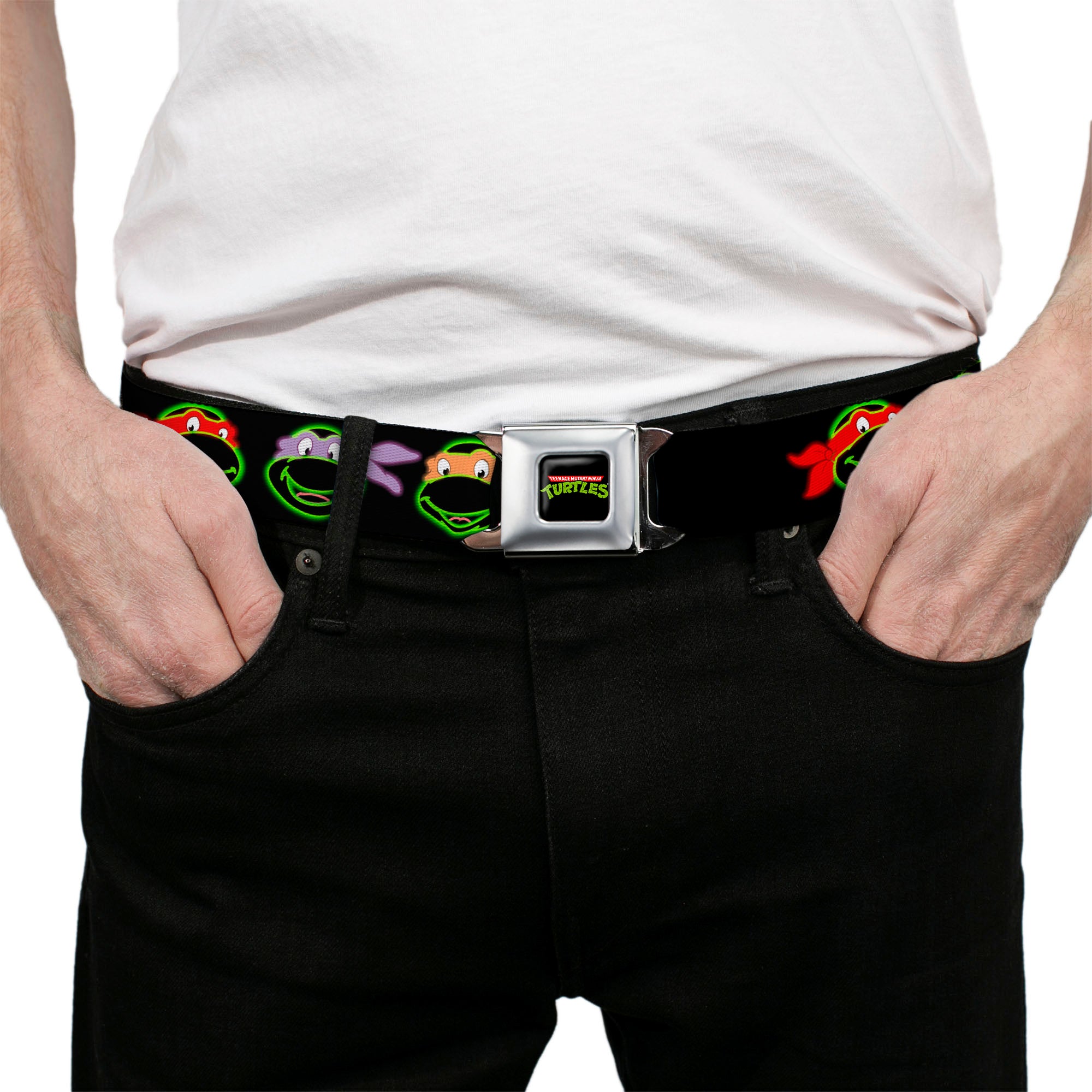 Classic TMNT Logo Full Color Seatbelt Belt - Classic Teenage Mutant Ninja Turtles Electric Expressions Black/Multi Neon Webbing Seatbelt Belts Teenage Mutant Ninja Turtles