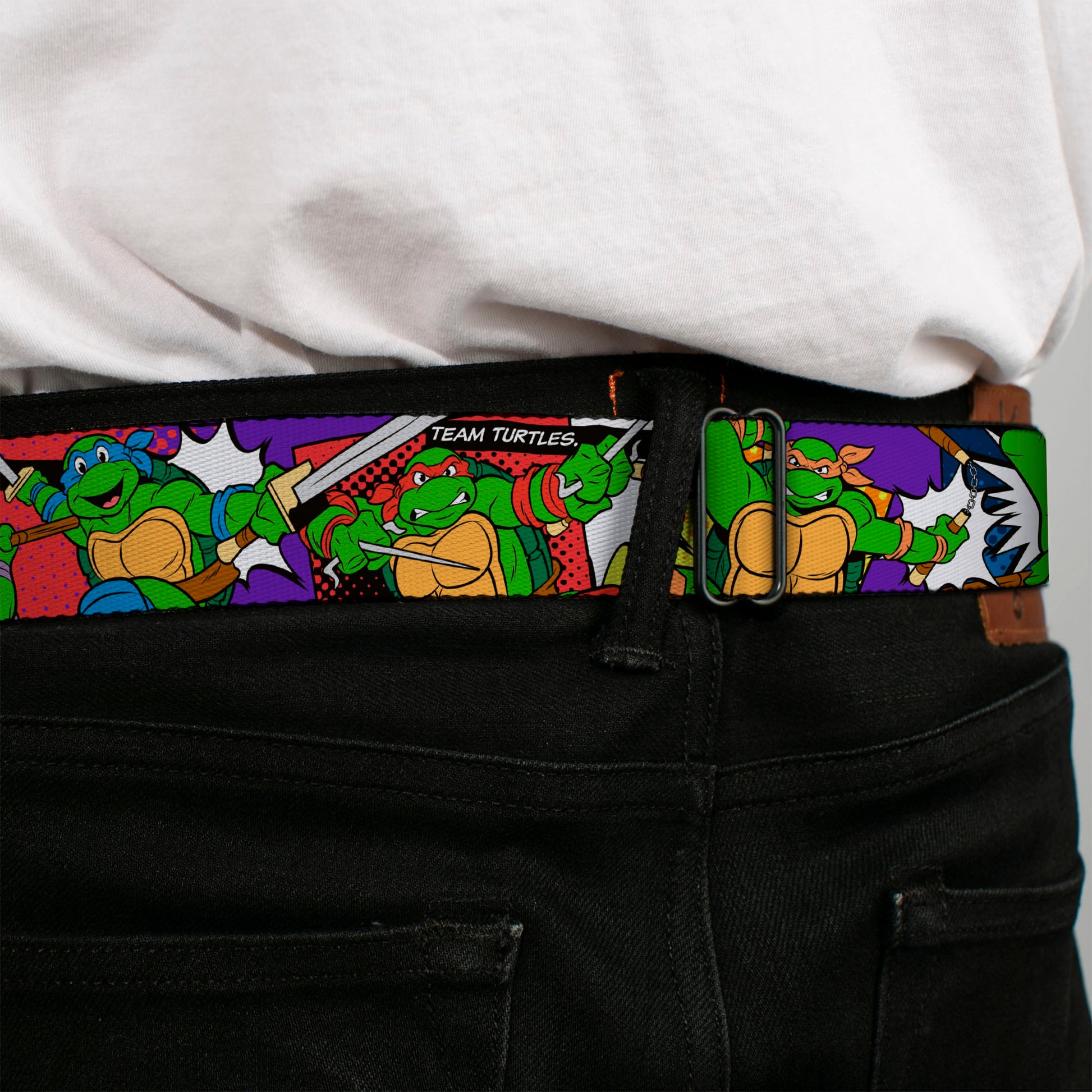 Classic TMNT Logo Full Color Seatbelt Belt - Classic Teenage Mutant Ninja Turtles Action Poses/TEAM TURTLES Webbing Seatbelt Belts Teenage Mutant Ninja Turtles