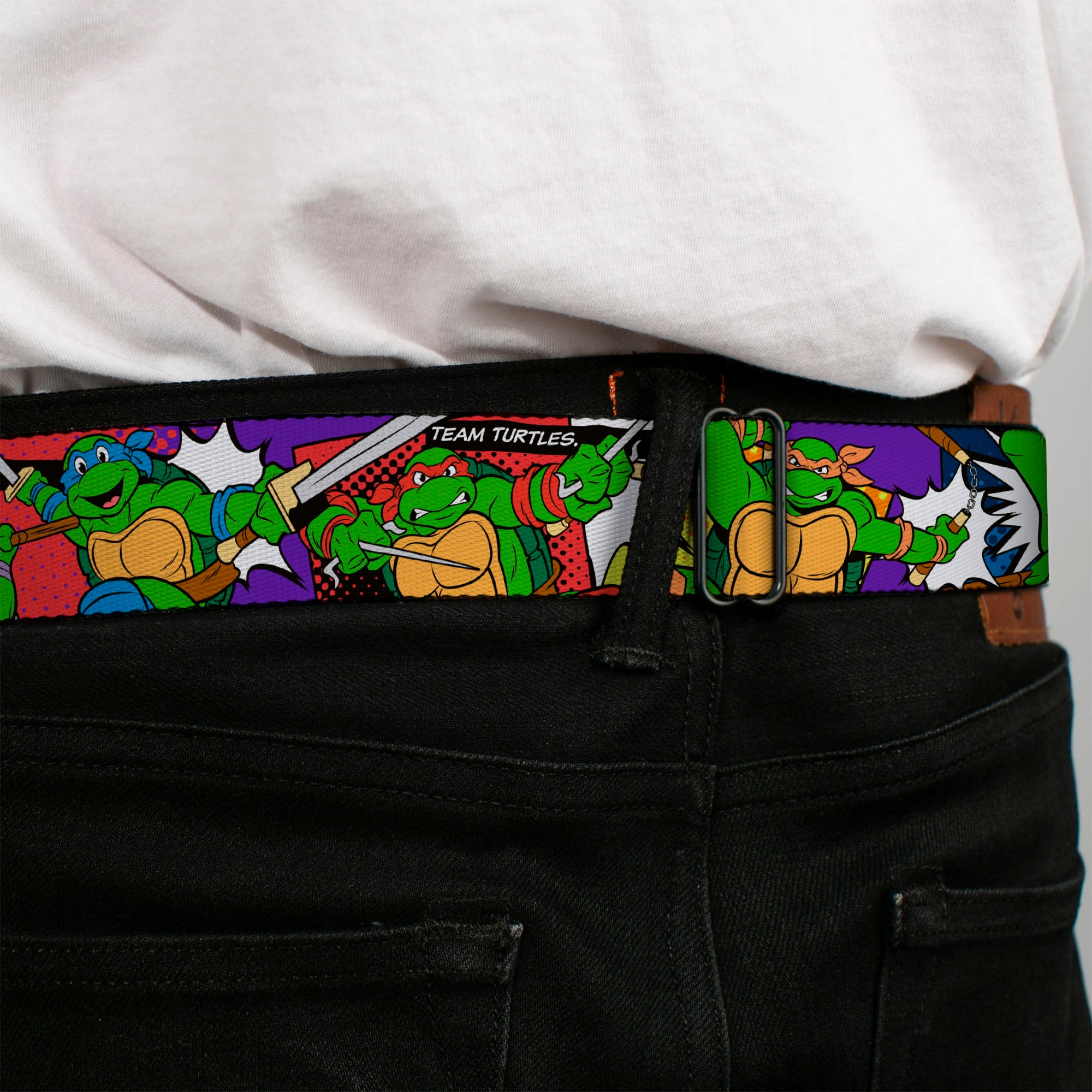 Classic TMNT Logo Full Color Seatbelt Belt - Classic Teenage Mutant Ninja Turtles Action Poses/TEAM TURTLES Webbing Seatbelt Belts Teenage Mutant Ninja Turtles