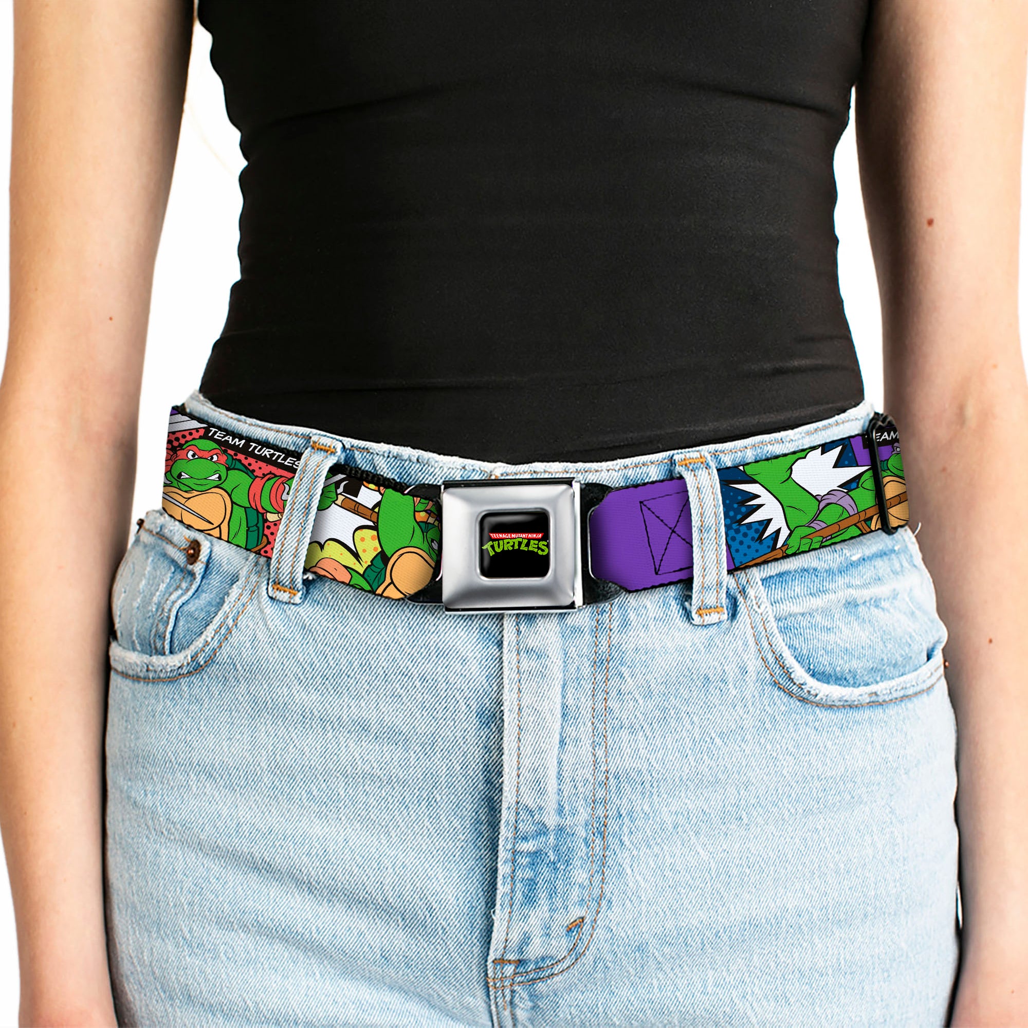 Classic TMNT Logo Full Color Seatbelt Belt - Classic Teenage Mutant Ninja Turtles Action Poses/TEAM TURTLES Webbing Seatbelt Belts Teenage Mutant Ninja Turtles