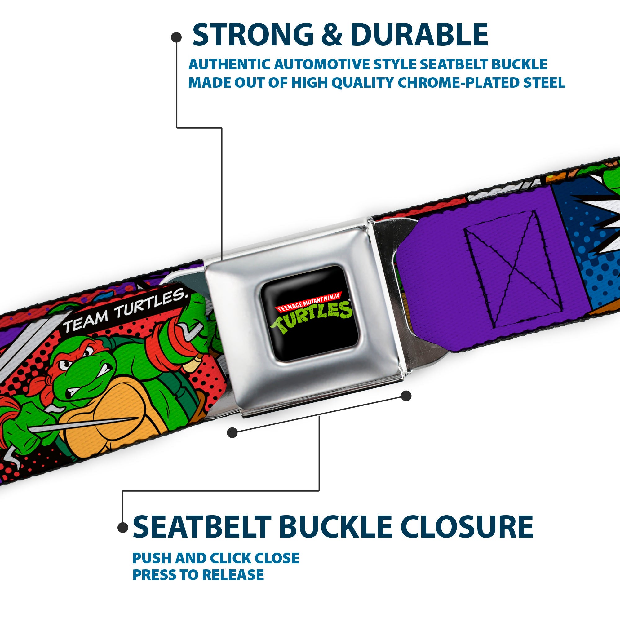 Classic TMNT Logo Full Color Seatbelt Belt - Classic Teenage Mutant Ninja Turtles Action Poses/TEAM TURTLES Webbing Seatbelt Belts Teenage Mutant Ninja Turtles