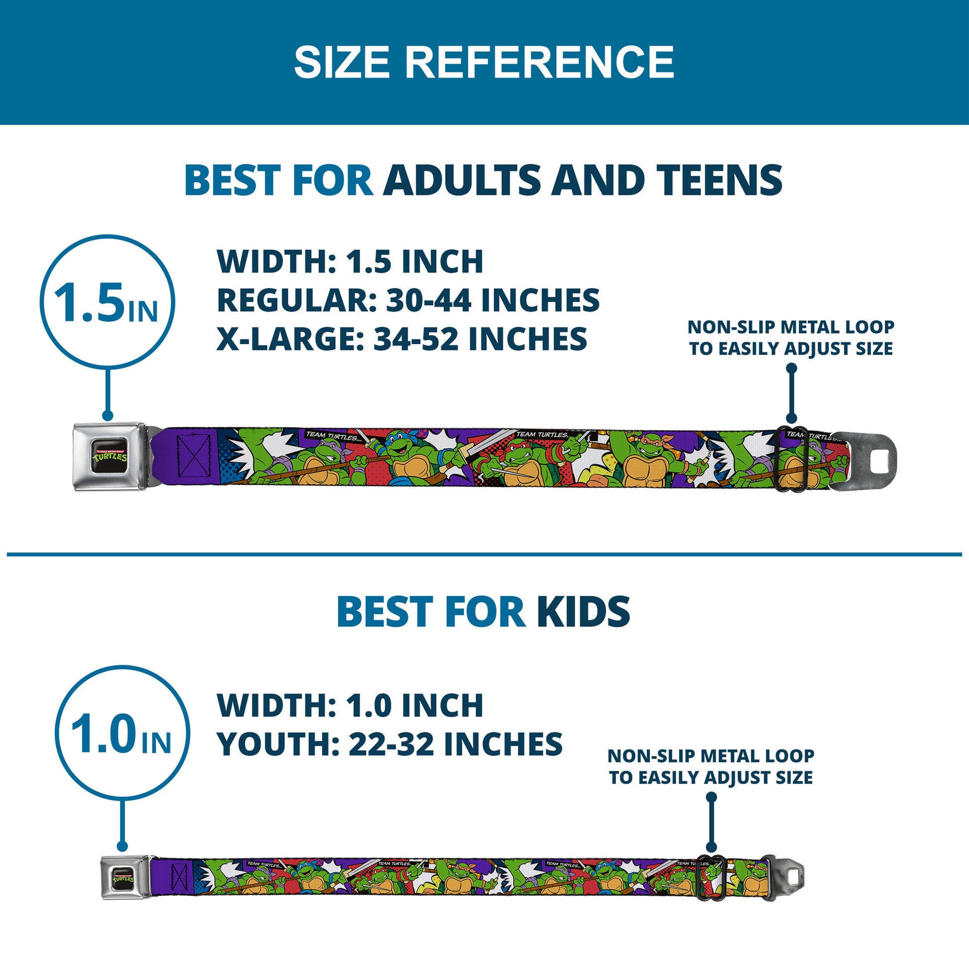 Classic TMNT Logo Full Color Seatbelt Belt - Classic Teenage Mutant Ninja Turtles Action Poses/TEAM TURTLES Webbing Seatbelt Belts Teenage Mutant Ninja Turtles