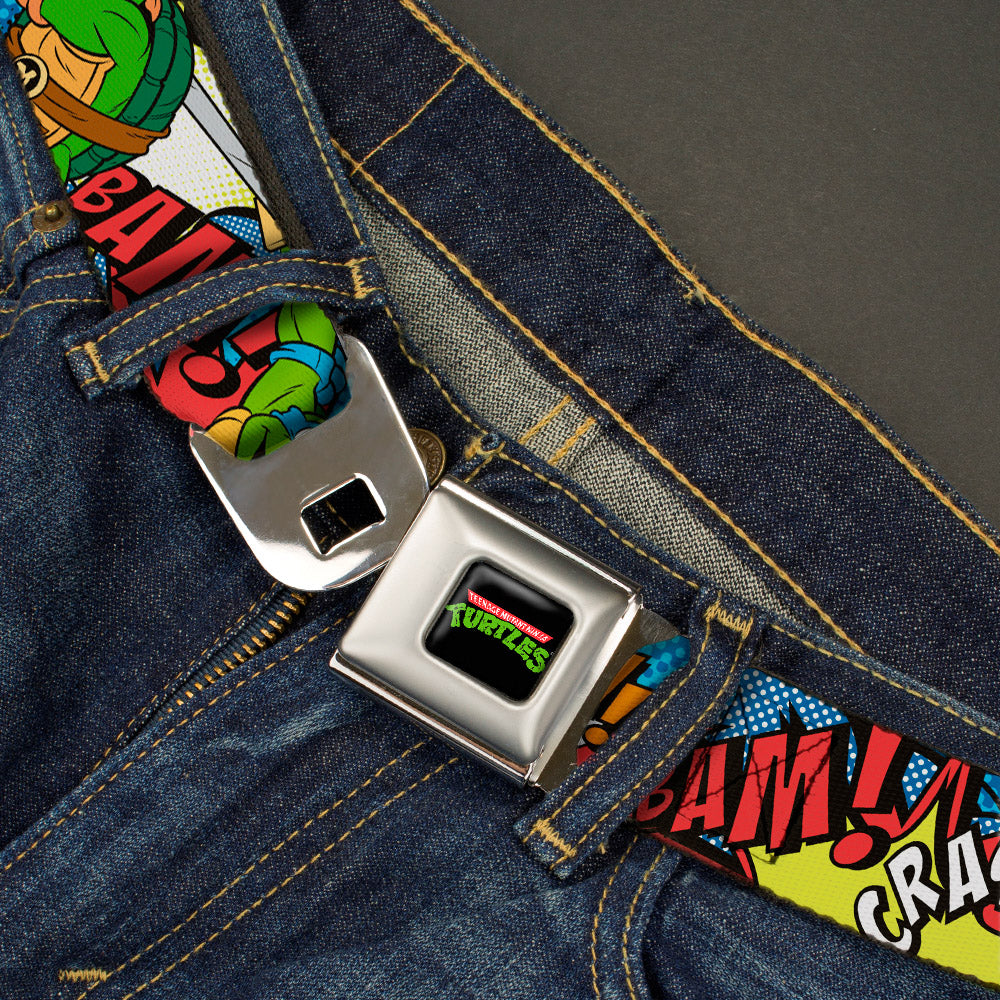 Classic TMNT Logo Full Color Seatbelt Belt - Classic Teenage Mutant Ninja Turtles Action Poses/Action Bubbles Dots Blues Webbing Seatbelt Belts Teenage Mutant Ninja Turtles