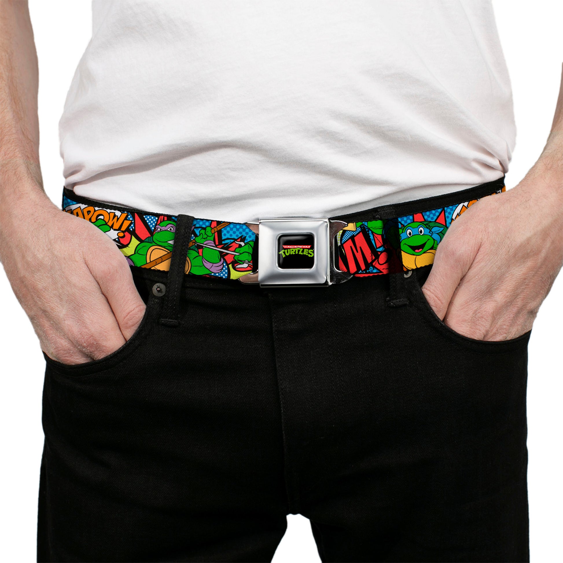 Classic TMNT Logo Full Color Seatbelt Belt - Classic Teenage Mutant Ninja Turtles Action Poses/Action Bubbles Dots Blues Webbing Seatbelt Belts Teenage Mutant Ninja Turtles