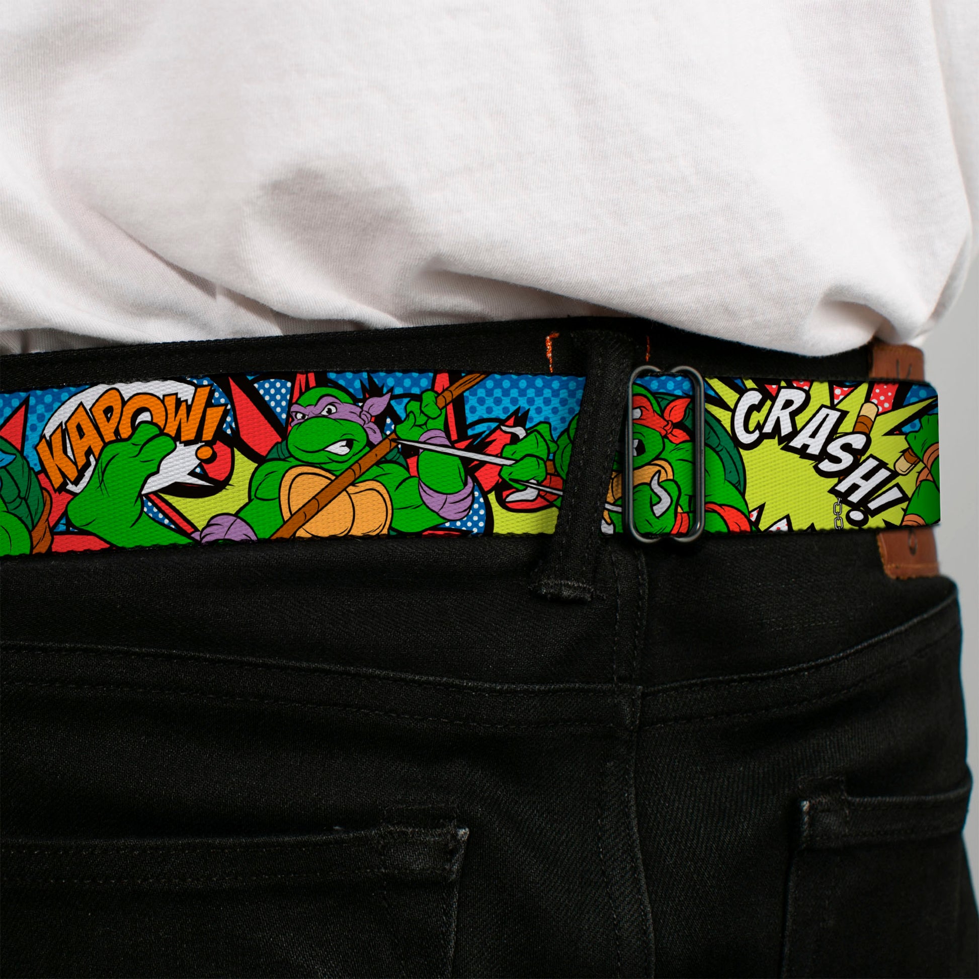 Classic TMNT Logo Full Color Seatbelt Belt - Classic Teenage Mutant Ninja Turtles Action Poses/Action Bubbles Dots Blues Webbing Seatbelt Belts Teenage Mutant Ninja Turtles