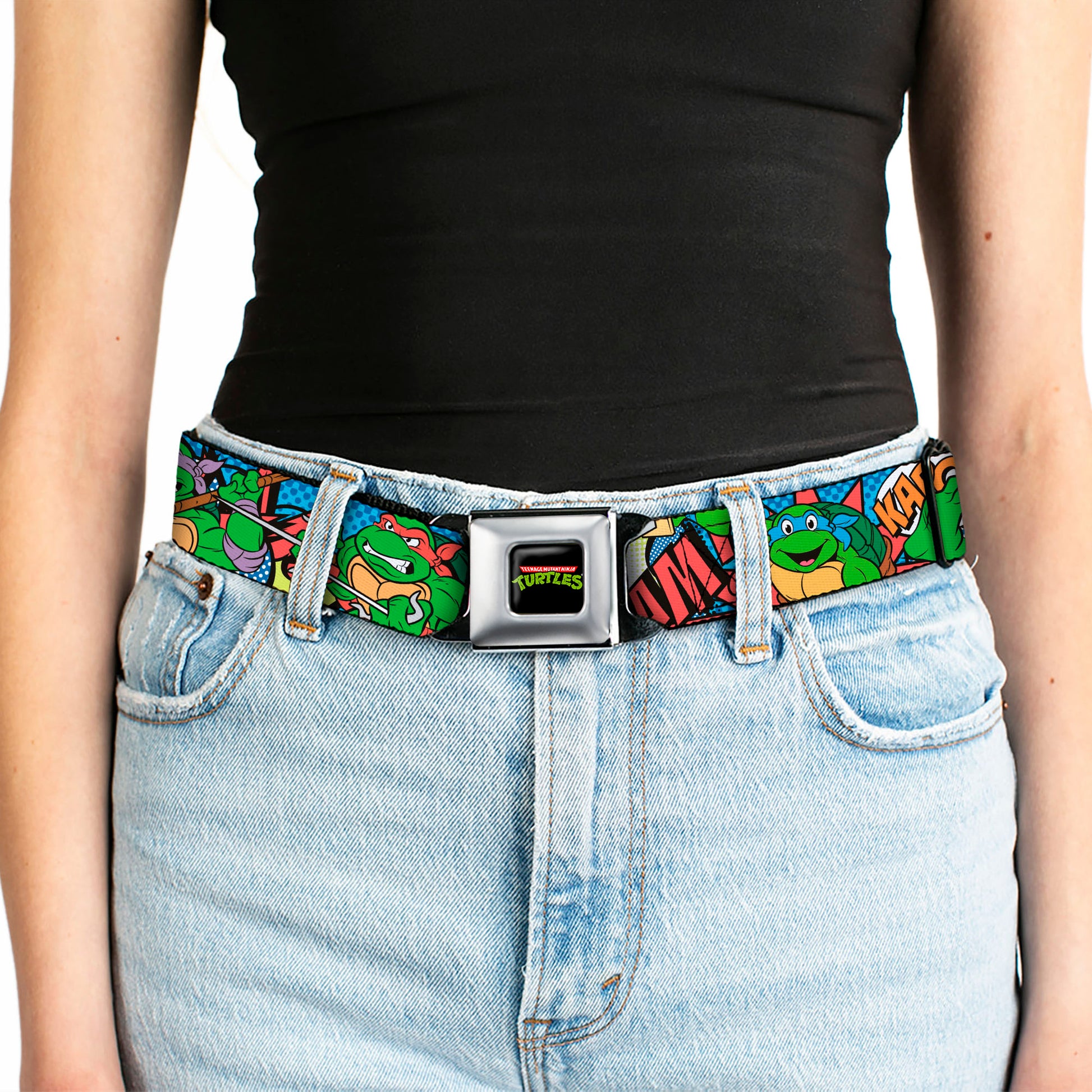 Classic TMNT Logo Full Color Seatbelt Belt - Classic Teenage Mutant Ninja Turtles Action Poses/Action Bubbles Dots Blues Webbing Seatbelt Belts Teenage Mutant Ninja Turtles