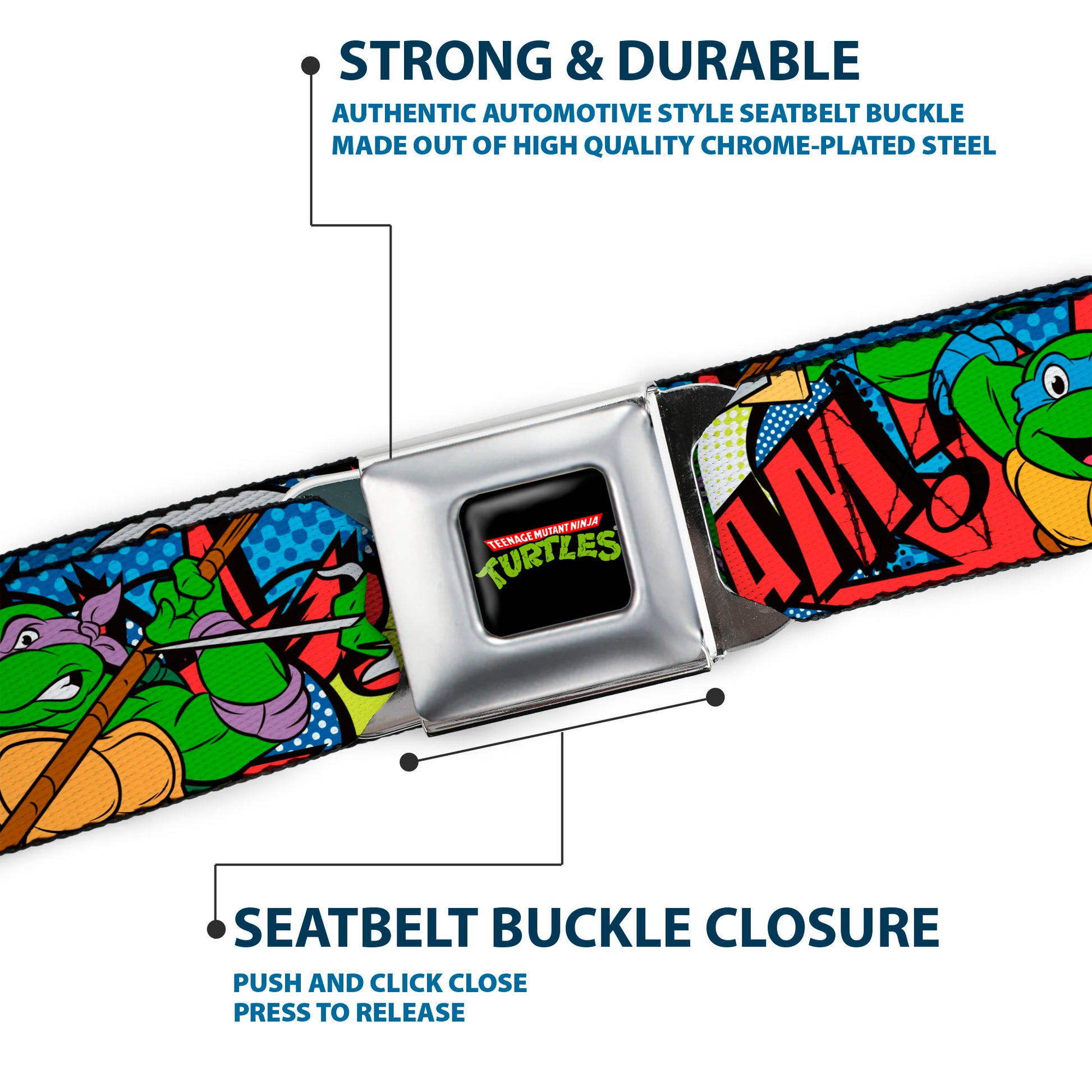 Classic TMNT Logo Full Color Seatbelt Belt - Classic Teenage Mutant Ninja Turtles Action Poses/Action Bubbles Dots Blues Webbing Seatbelt Belts Teenage Mutant Ninja Turtles