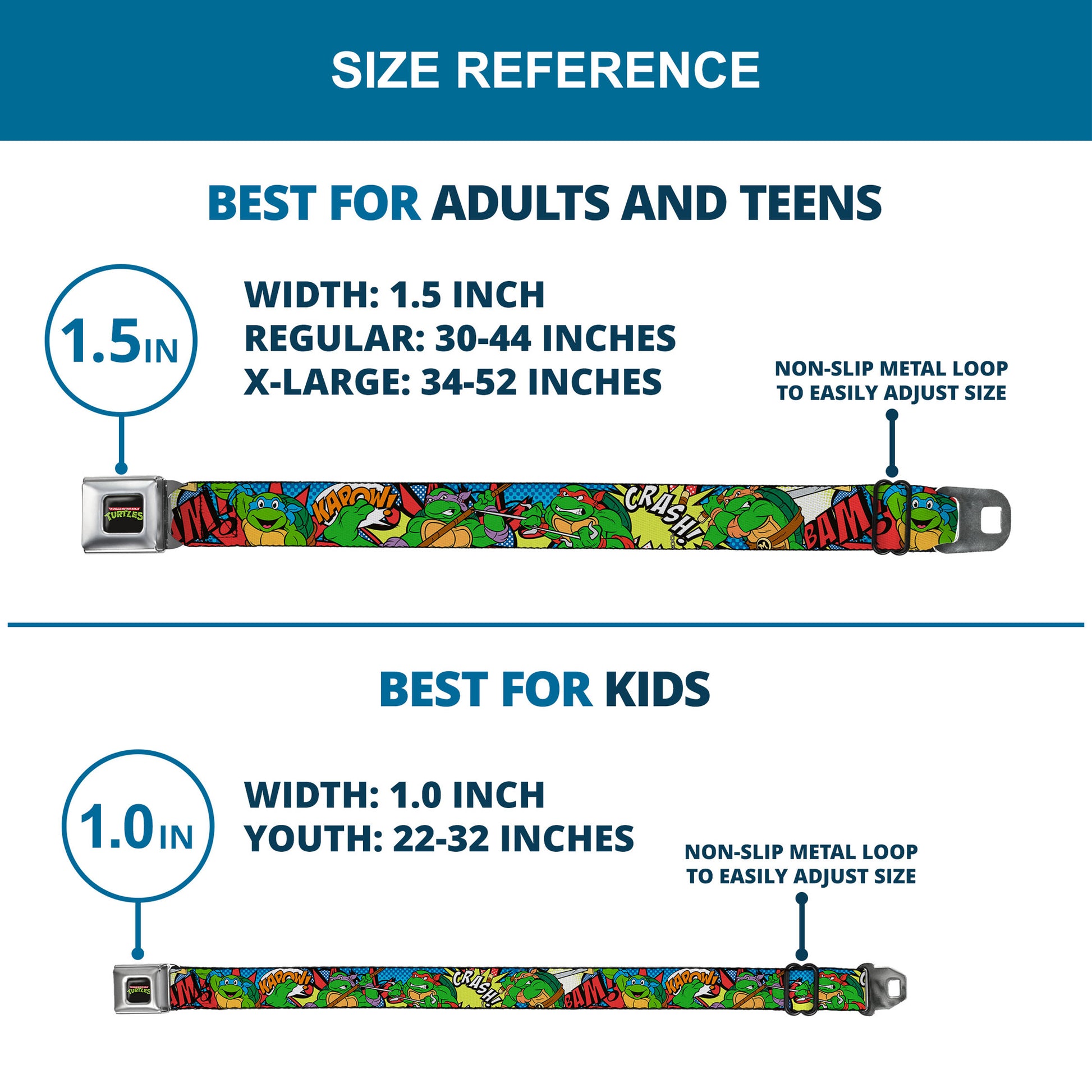 Classic TMNT Logo Full Color Seatbelt Belt - Classic Teenage Mutant Ninja Turtles Action Poses/Action Bubbles Dots Blues Webbing Seatbelt Belts Teenage Mutant Ninja Turtles