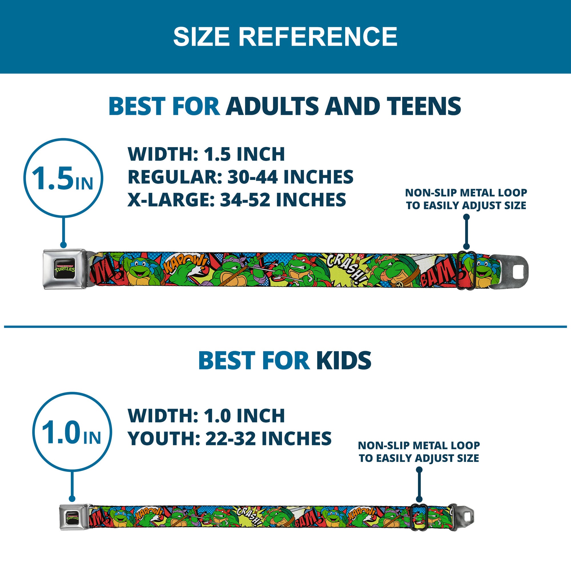 Classic TMNT Logo Full Color Seatbelt Belt - Classic Teenage Mutant Ninja Turtles Action Poses/Action Bubbles Dots Blues Webbing Seatbelt Belts Teenage Mutant Ninja Turtles