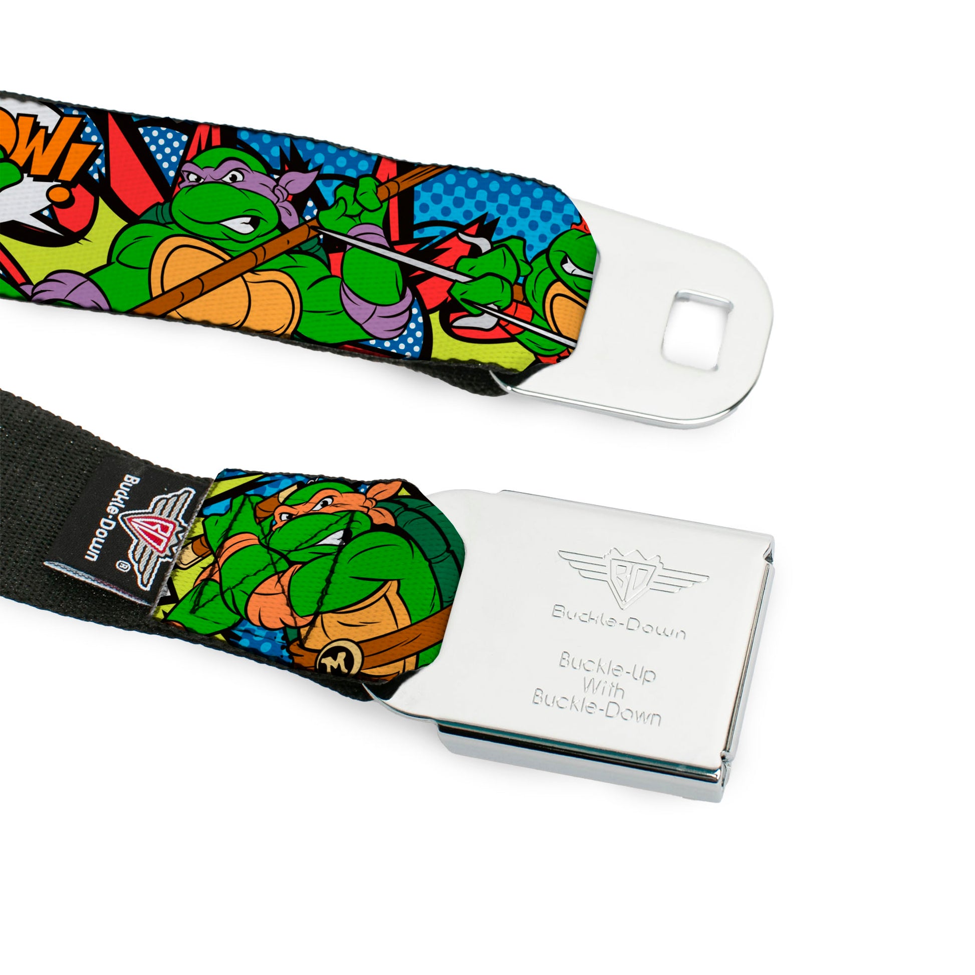 Classic TMNT Logo Full Color Seatbelt Belt - Classic Teenage Mutant Ninja Turtles Action Poses/Action Bubbles Dots Blues Webbing Seatbelt Belts Teenage Mutant Ninja Turtles