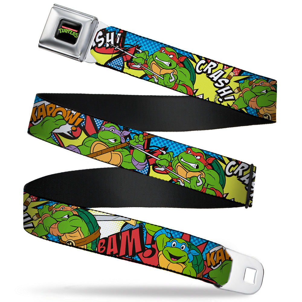 Classic TMNT Logo Full Color Seatbelt Belt - Classic Teenage Mutant Ninja Turtles Action Poses/Action Bubbles Dots Blues Webbing Seatbelt Belts Teenage Mutant Ninja Turtles
