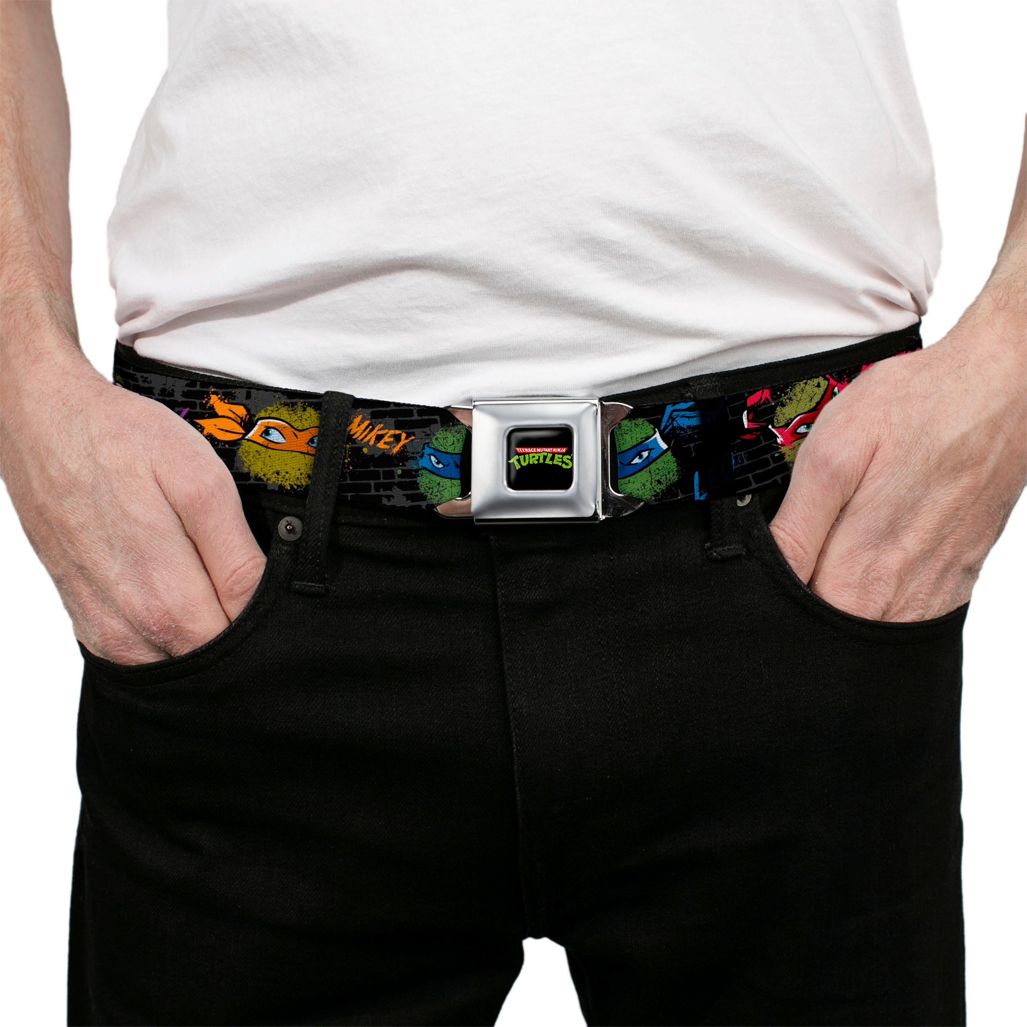 Classic TMNT Logo Full Color Seatbelt Belt - Classic Teenage Mutant Ninja Turtles Faces/Names "Graffiti" Black/Gray/Multi Color Webbing Seatbelt Belts Teenage Mutant Ninja Turtles