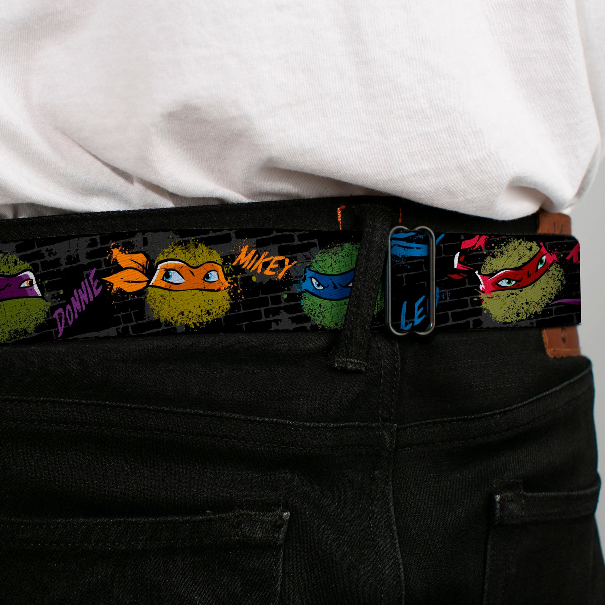 Classic TMNT Logo Full Color Seatbelt Belt - Classic Teenage Mutant Ninja Turtles Faces/Names "Graffiti" Black/Gray/Multi Color Webbing Seatbelt Belts Teenage Mutant Ninja Turtles