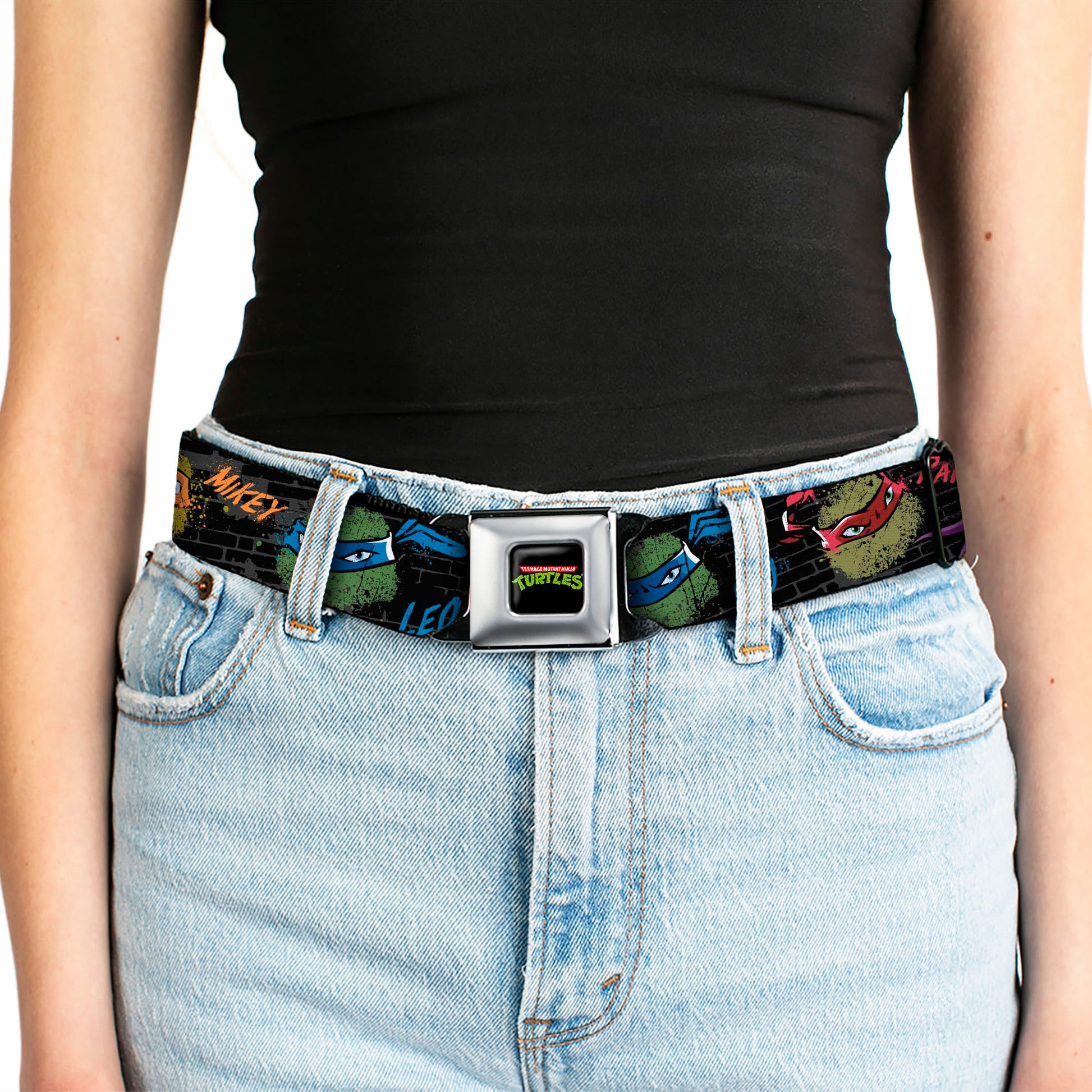 Classic TMNT Logo Full Color Seatbelt Belt - Classic Teenage Mutant Ninja Turtles Faces/Names "Graffiti" Black/Gray/Multi Color Webbing Seatbelt Belts Teenage Mutant Ninja Turtles