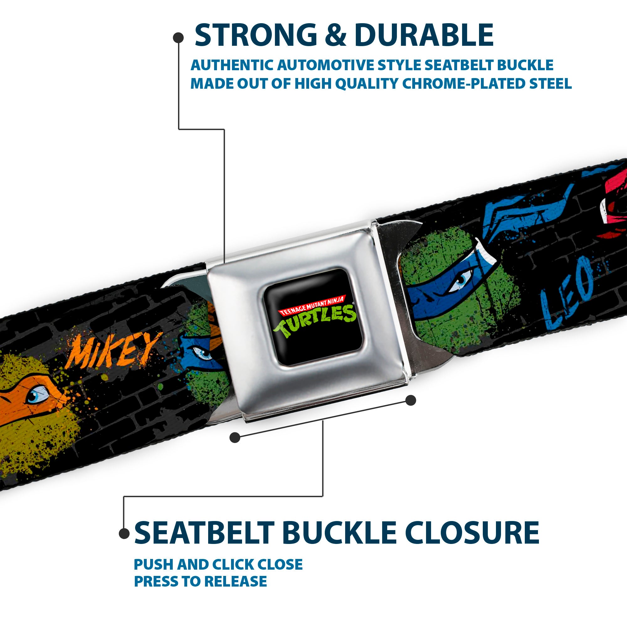Classic TMNT Logo Full Color Seatbelt Belt - Classic Teenage Mutant Ninja Turtles Faces/Names "Graffiti" Black/Gray/Multi Color Webbing Seatbelt Belts Teenage Mutant Ninja Turtles