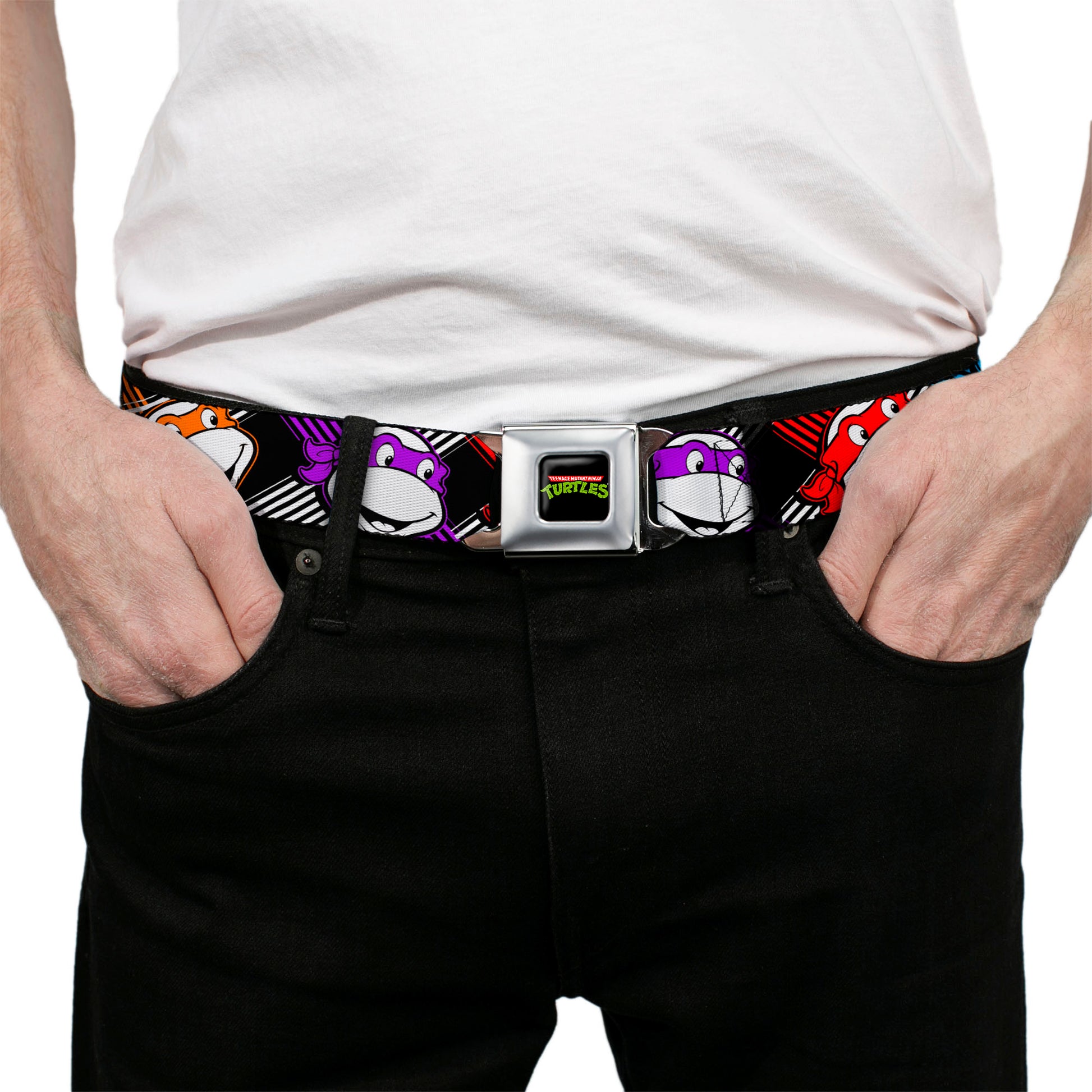 Classic TMNT Logo Full Color Seatbelt Belt - Classic Teenage Mutant Ninja Turtles Masked Faces/Stripes Black/White/Multi Color Webbing Seatbelt Belts Teenage Mutant Ninja Turtles